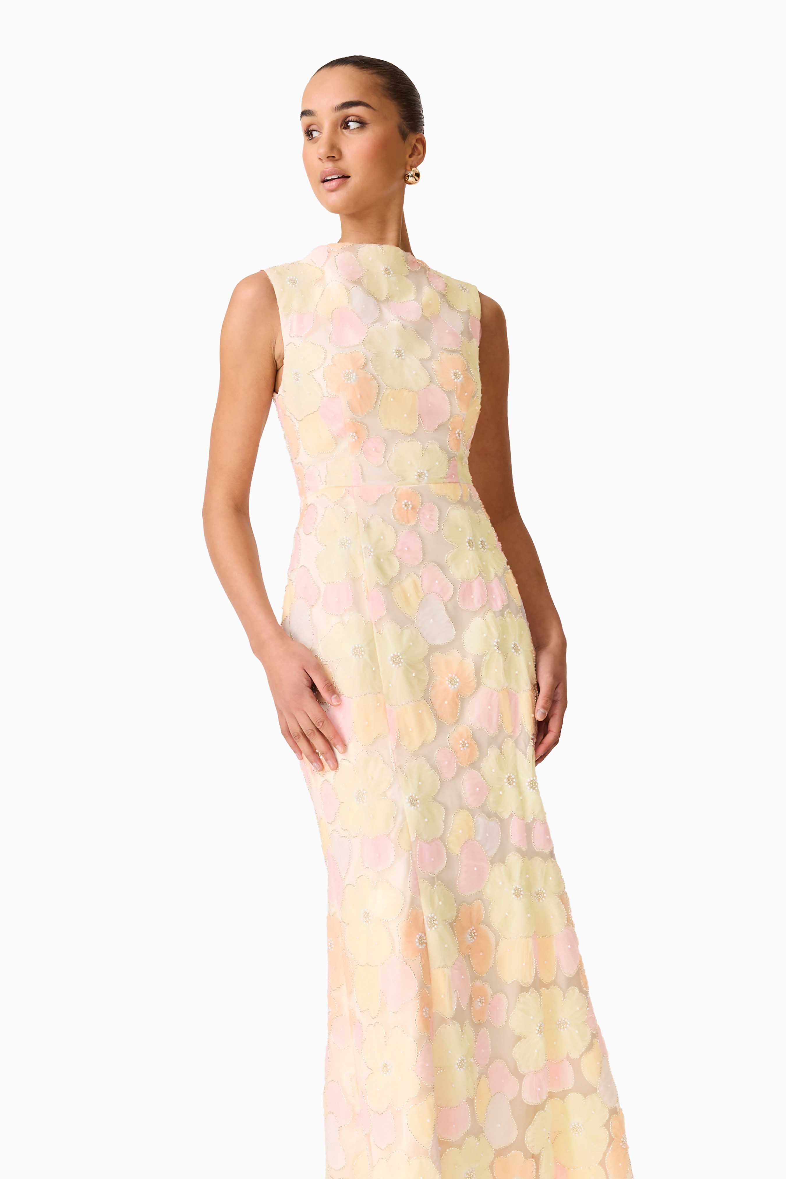 Zaria Sleevless Gown in Yellow Floral
