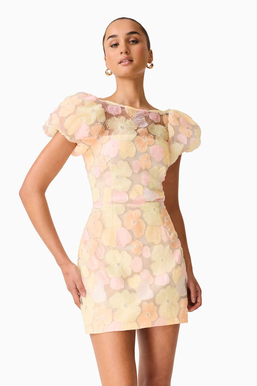 Zaria Puff Sleeve Mini Dress In Yellow Floral
