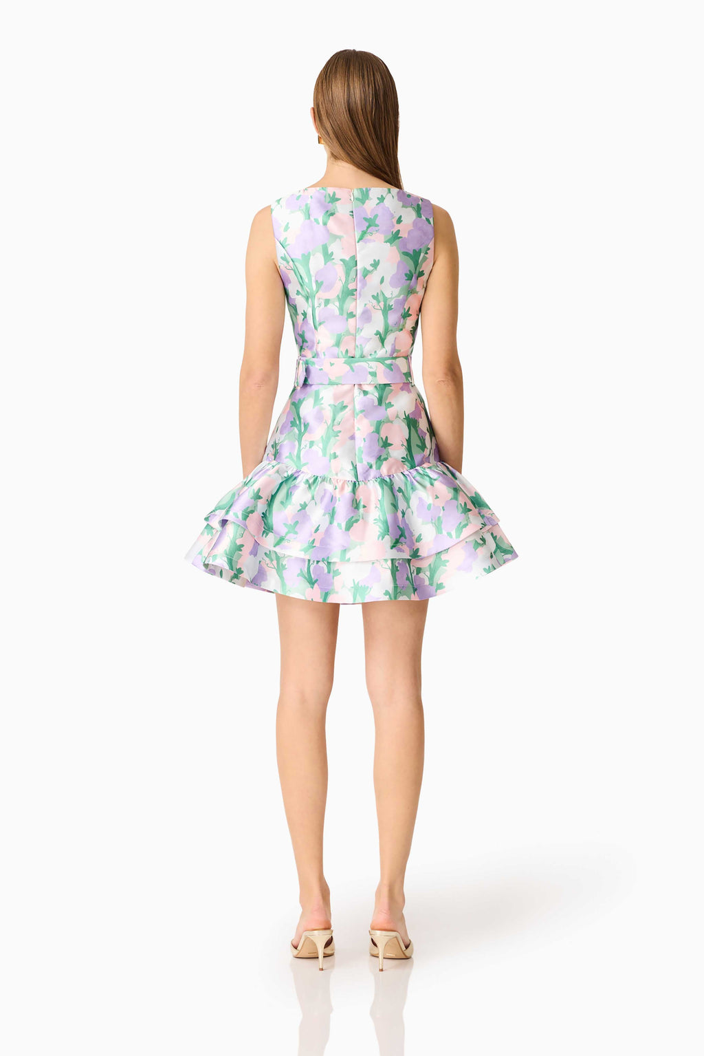 Lavina V-Neck Mini Dress in Green & Purple Floral