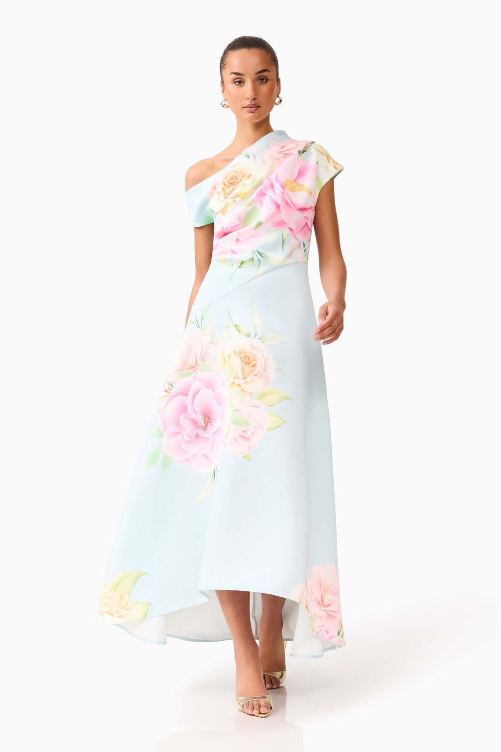 Harper Asymmetrical Gown in Baby Blue Floral