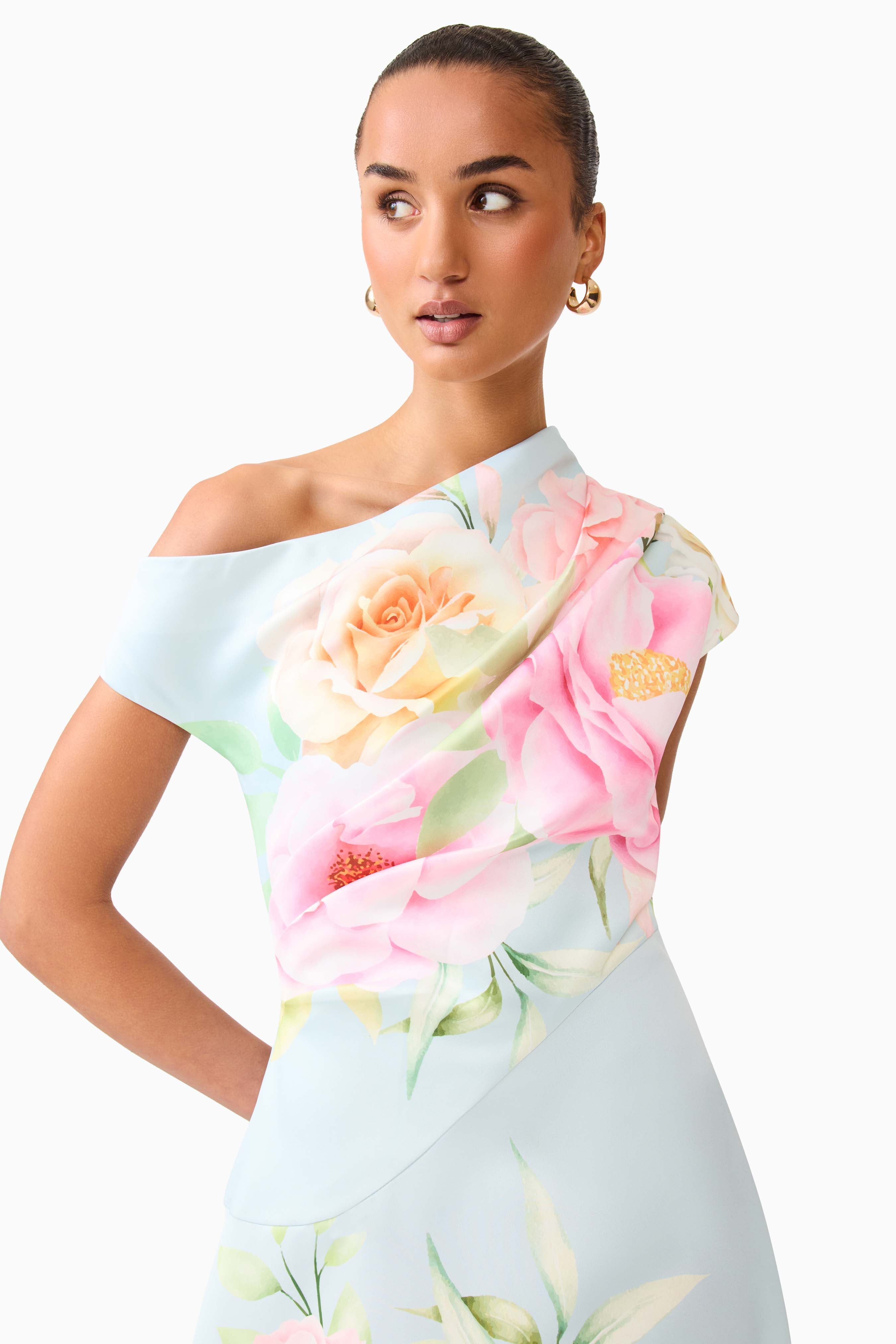 Harper Asymmetrical Gown in Baby Blue Floral