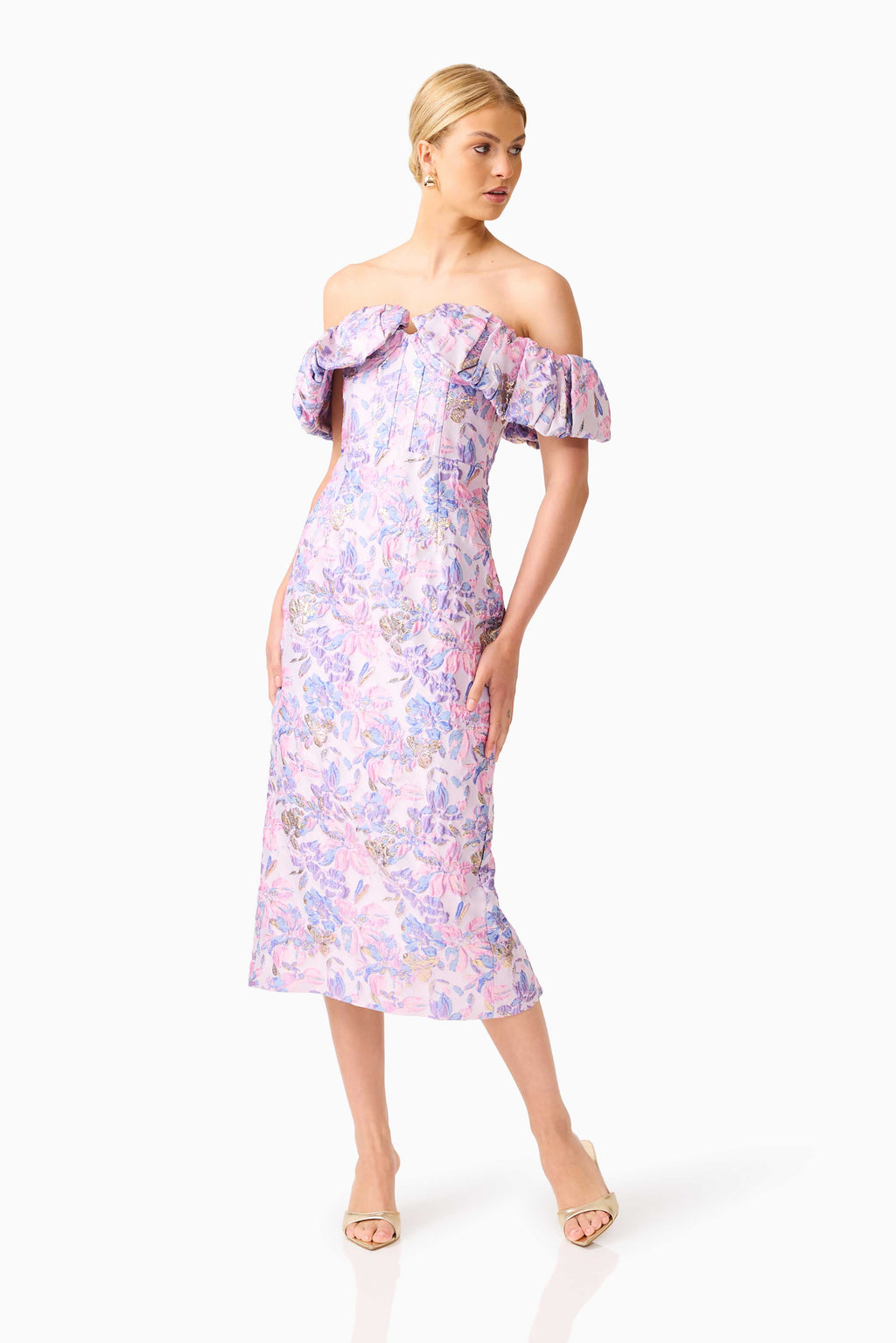 Marlene Strapless Midi Dress in Pink & Purple Floral
