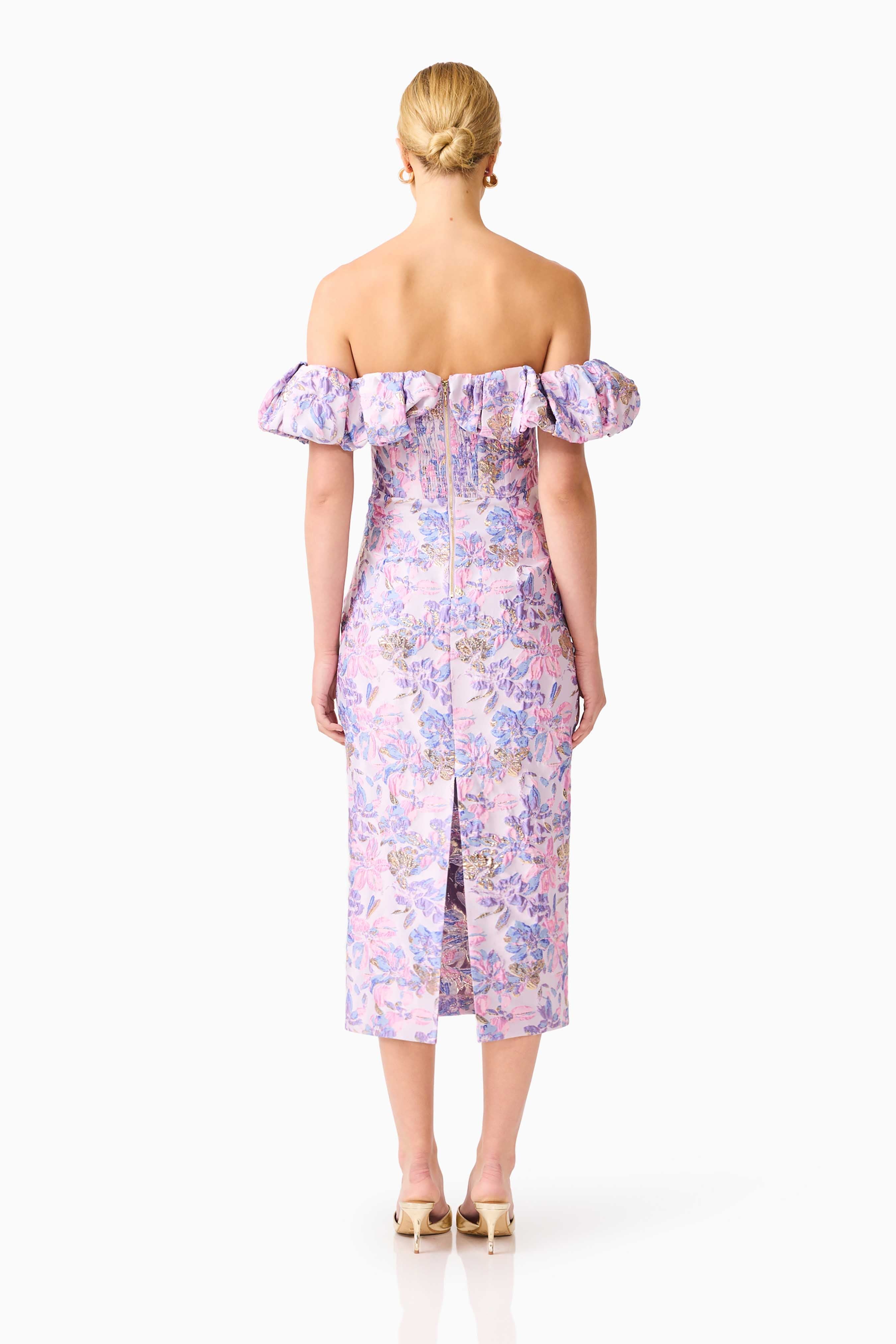 Marlene Strapless Midi Dress in Pink & Purple Floral
