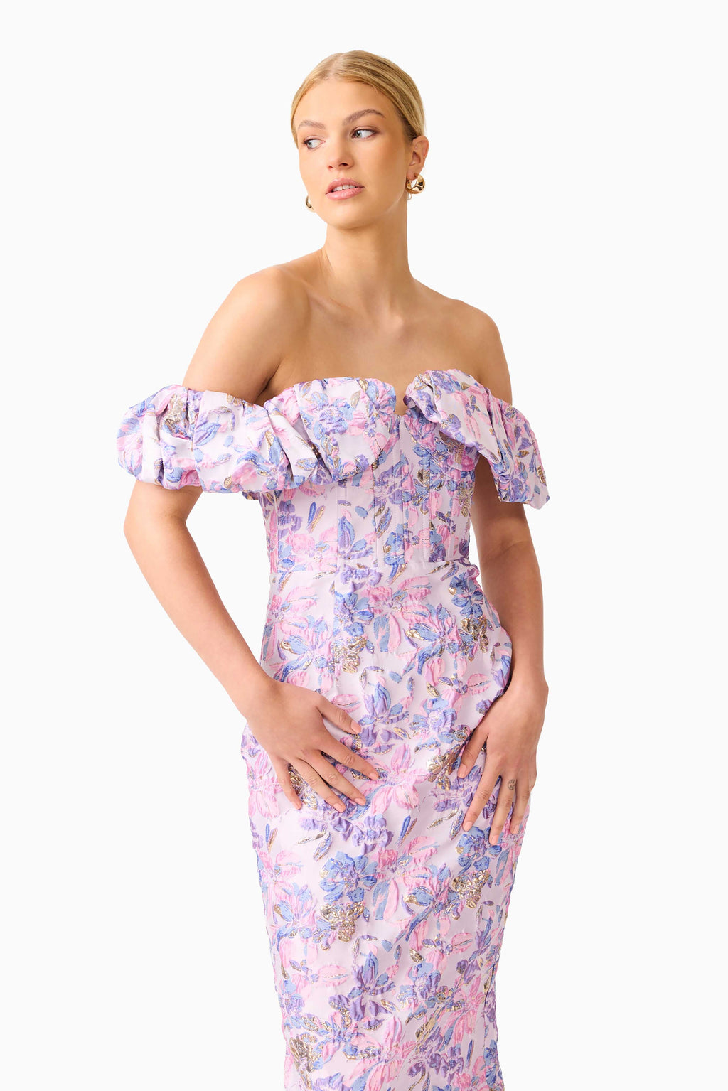 Marlene Strapless Midi Dress in Pink & Purple Floral