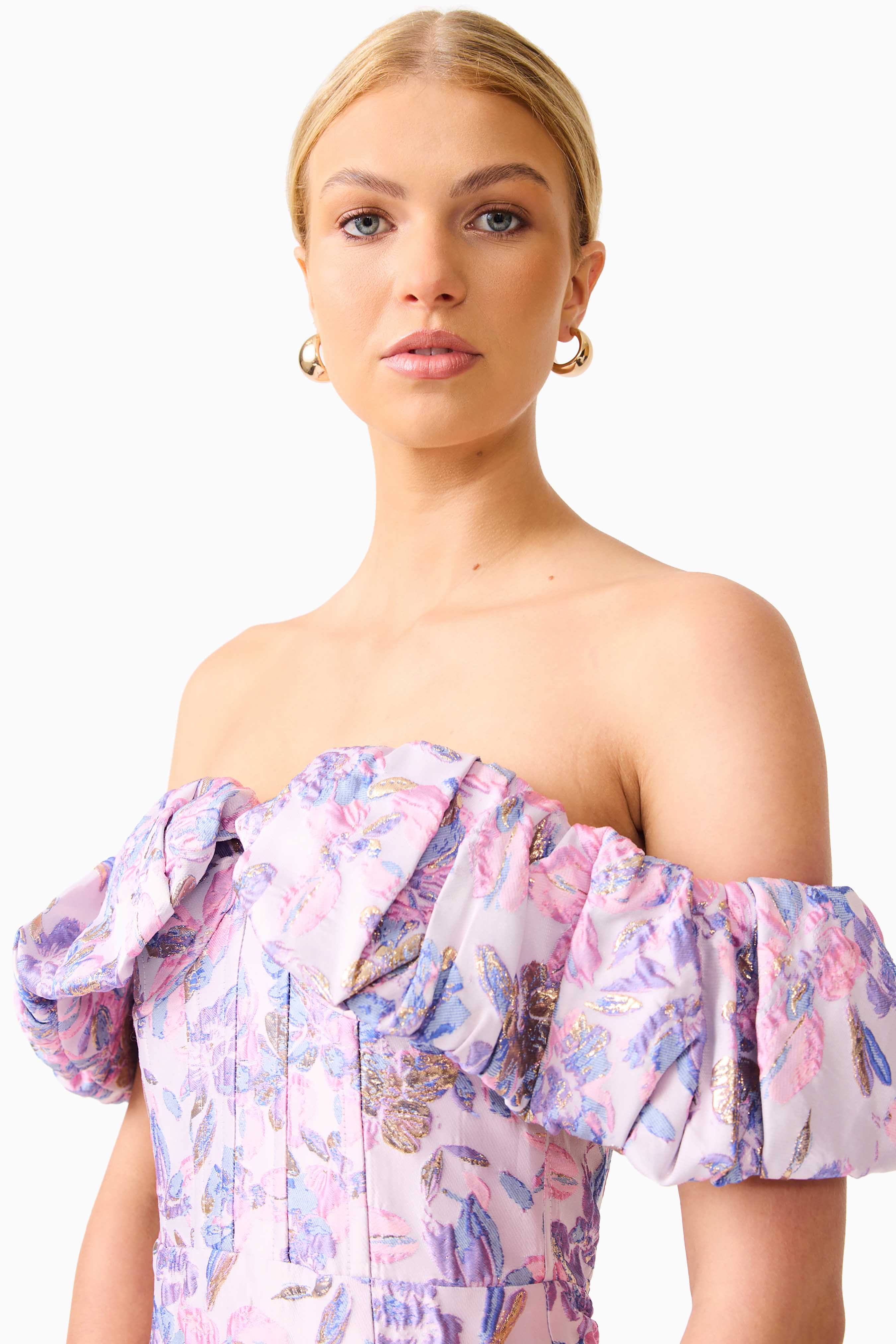 Marlene Strapless Midi Dress in Pink & Purple Floral