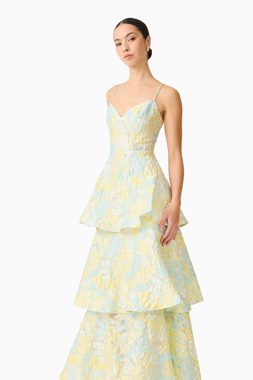 Penelope Tiered Gown in Yellow & Blue Floral