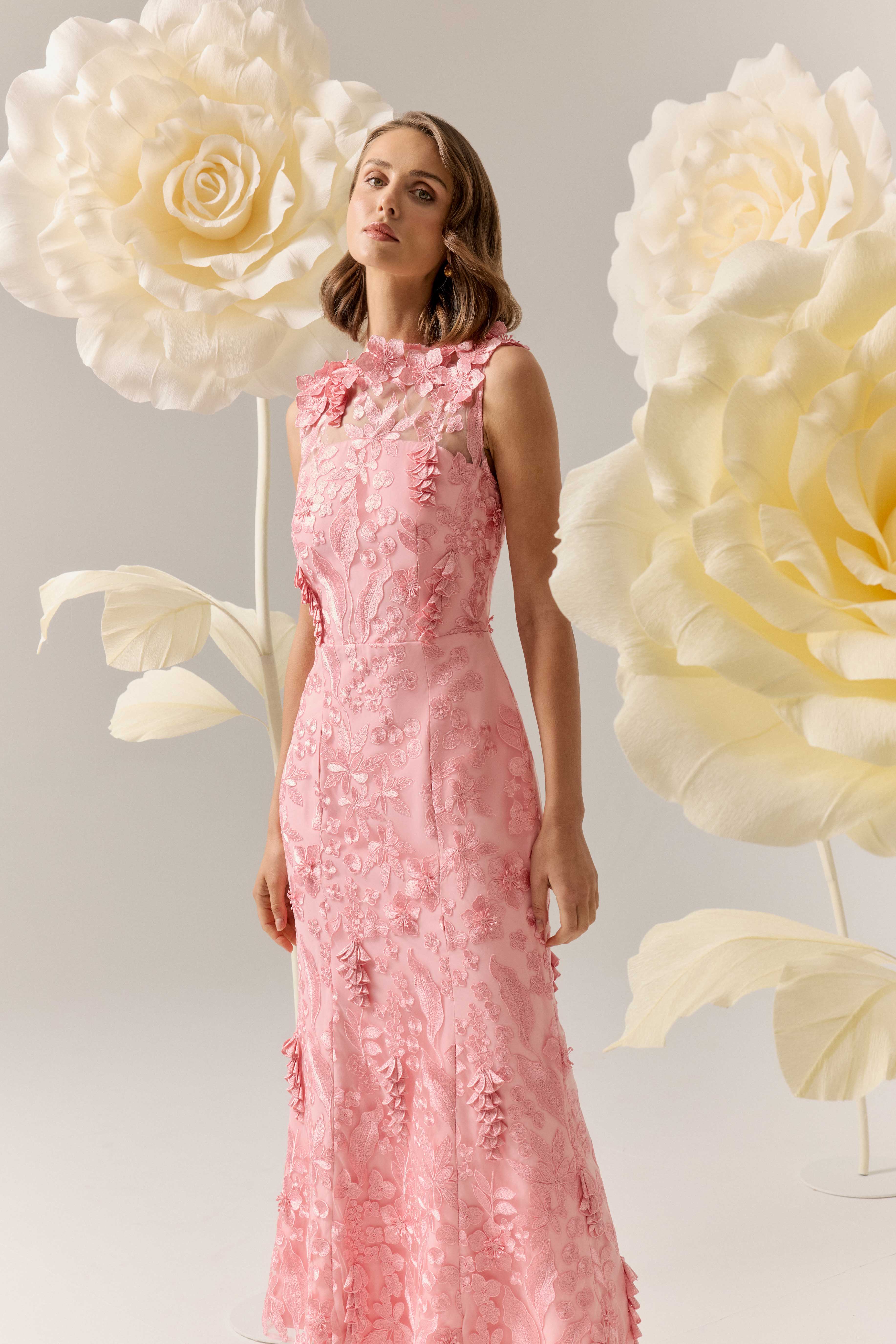 Monique Floral Applique Midi in Pink