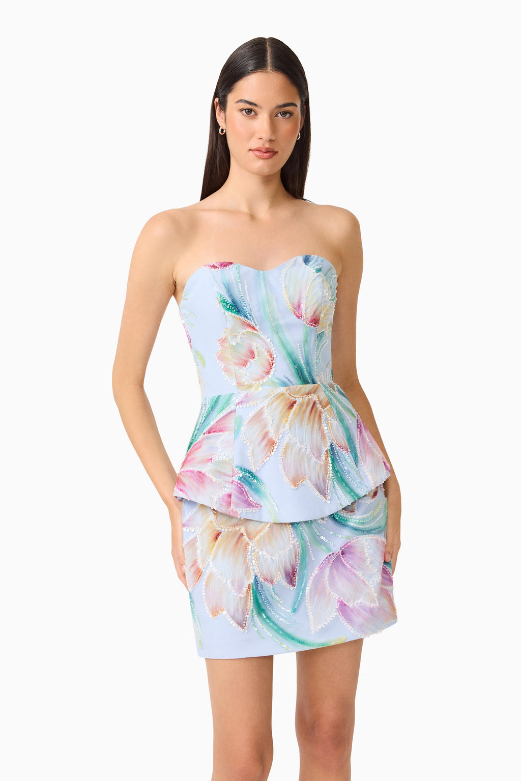 Priselle Peplum Top & Mini Skirt Set in Blue Floral