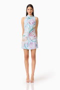 Priselle High Neck Mini Dress in Blue Floral