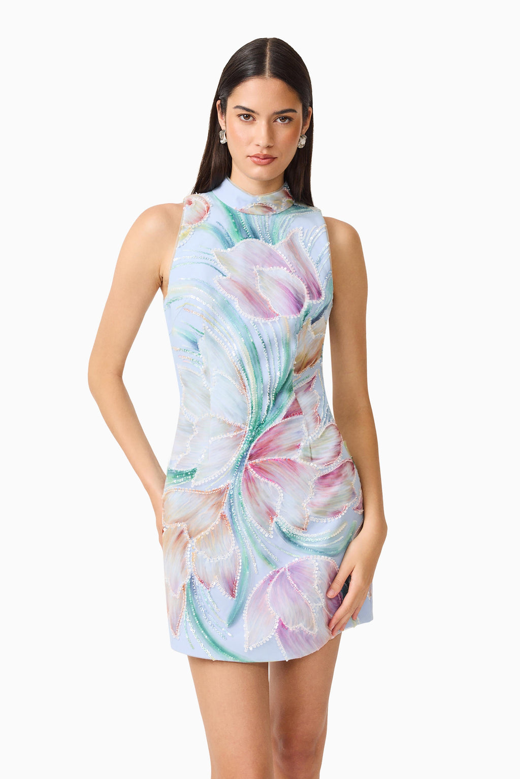 Priselle High Neck Mini Dress in Blue Floral