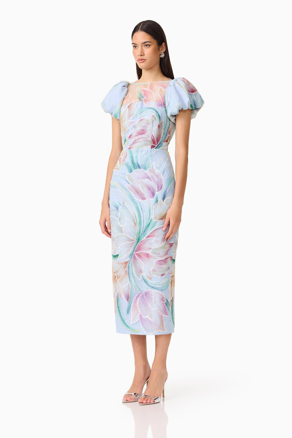 Priselle Puff Sleeve Midi Dress in Blue Floral