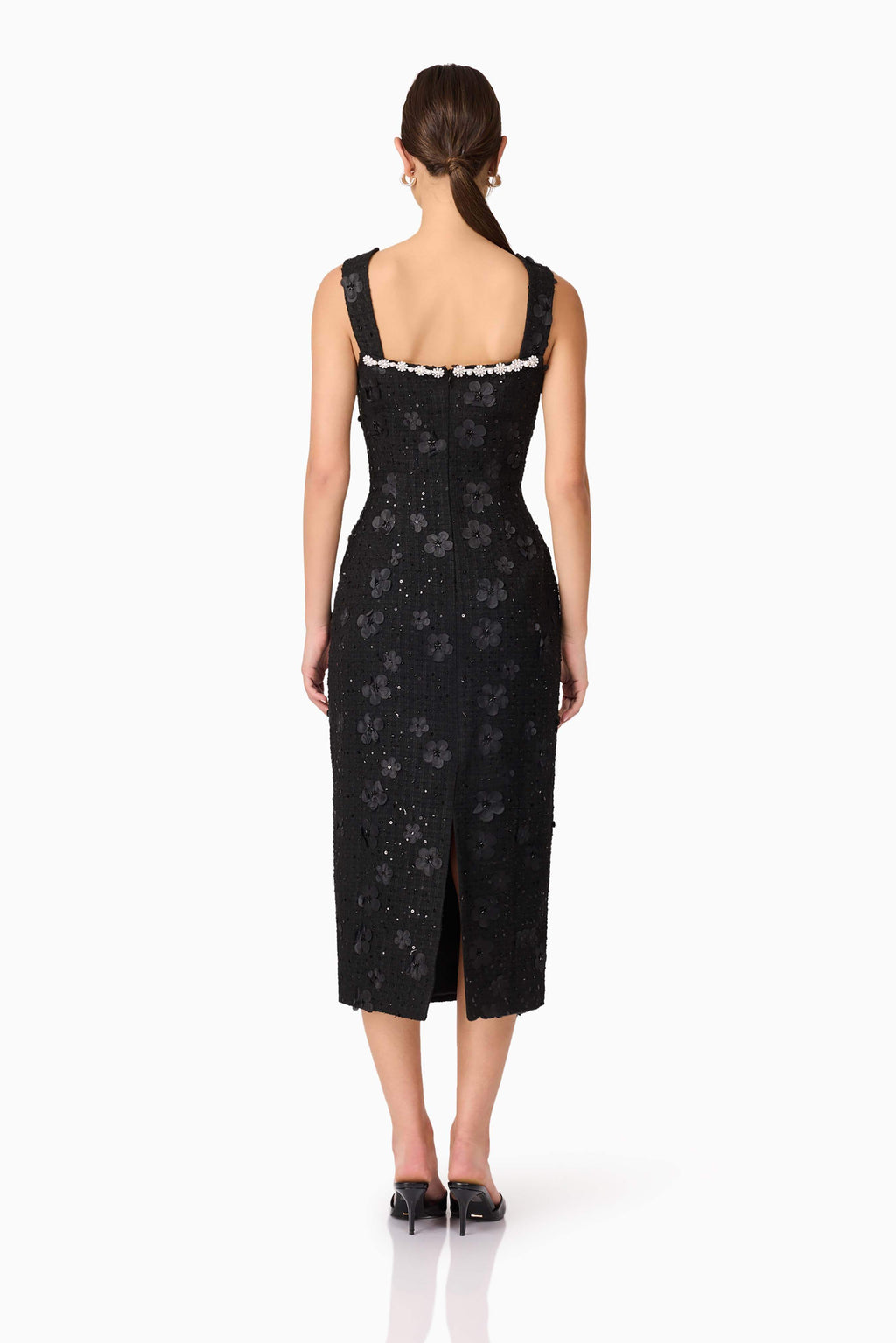 Ellouise Embellished Tweed Midi Dress in Black