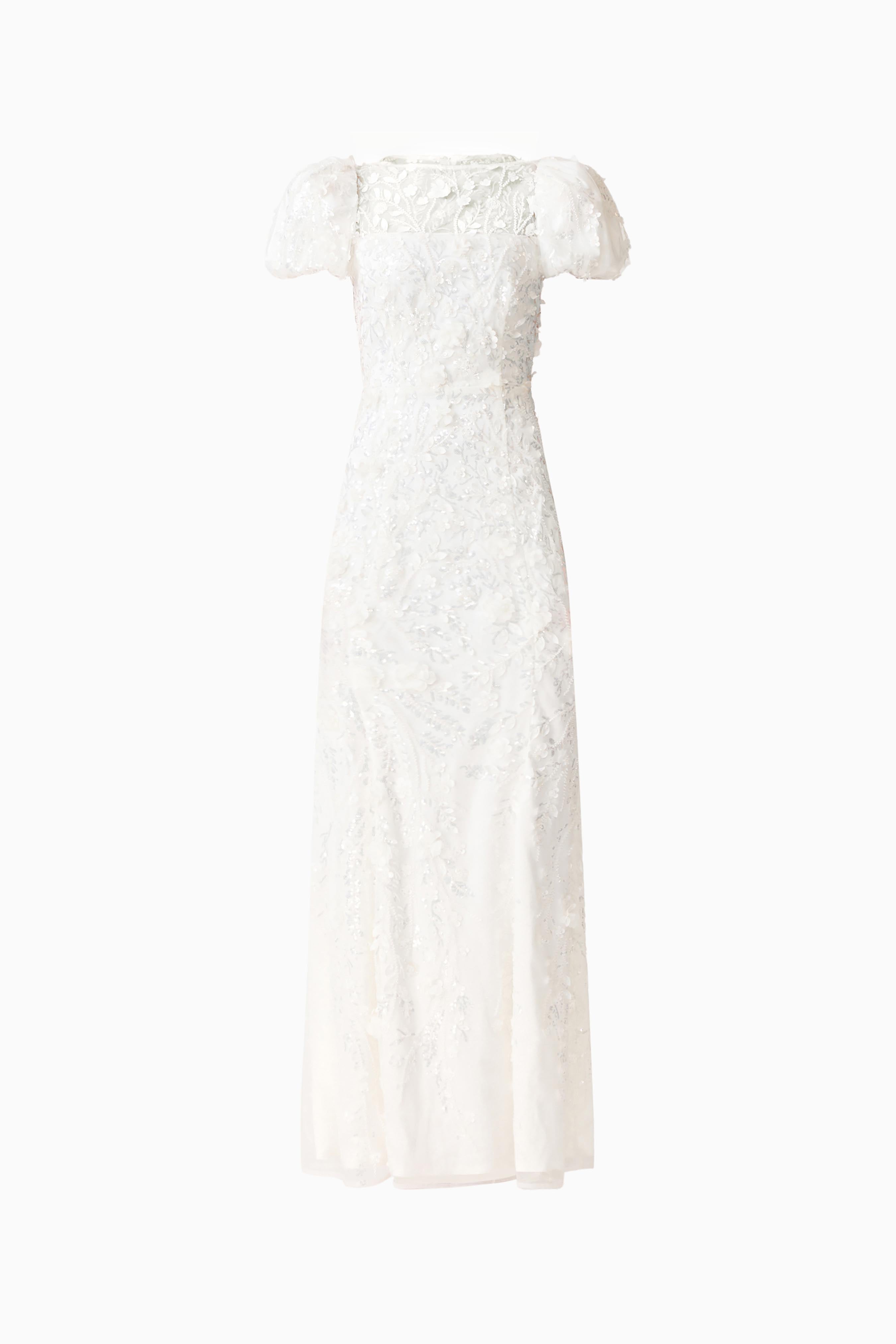 Rina Beaded Puff Sleeve Gown in White