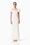 Rina Beaded Puff Sleeve Gown in White