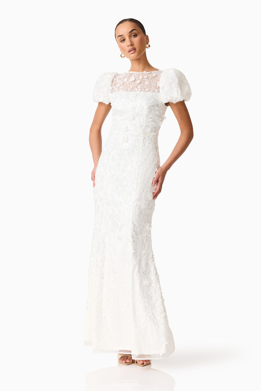 Rina Beaded Puff Sleeve Gown in White