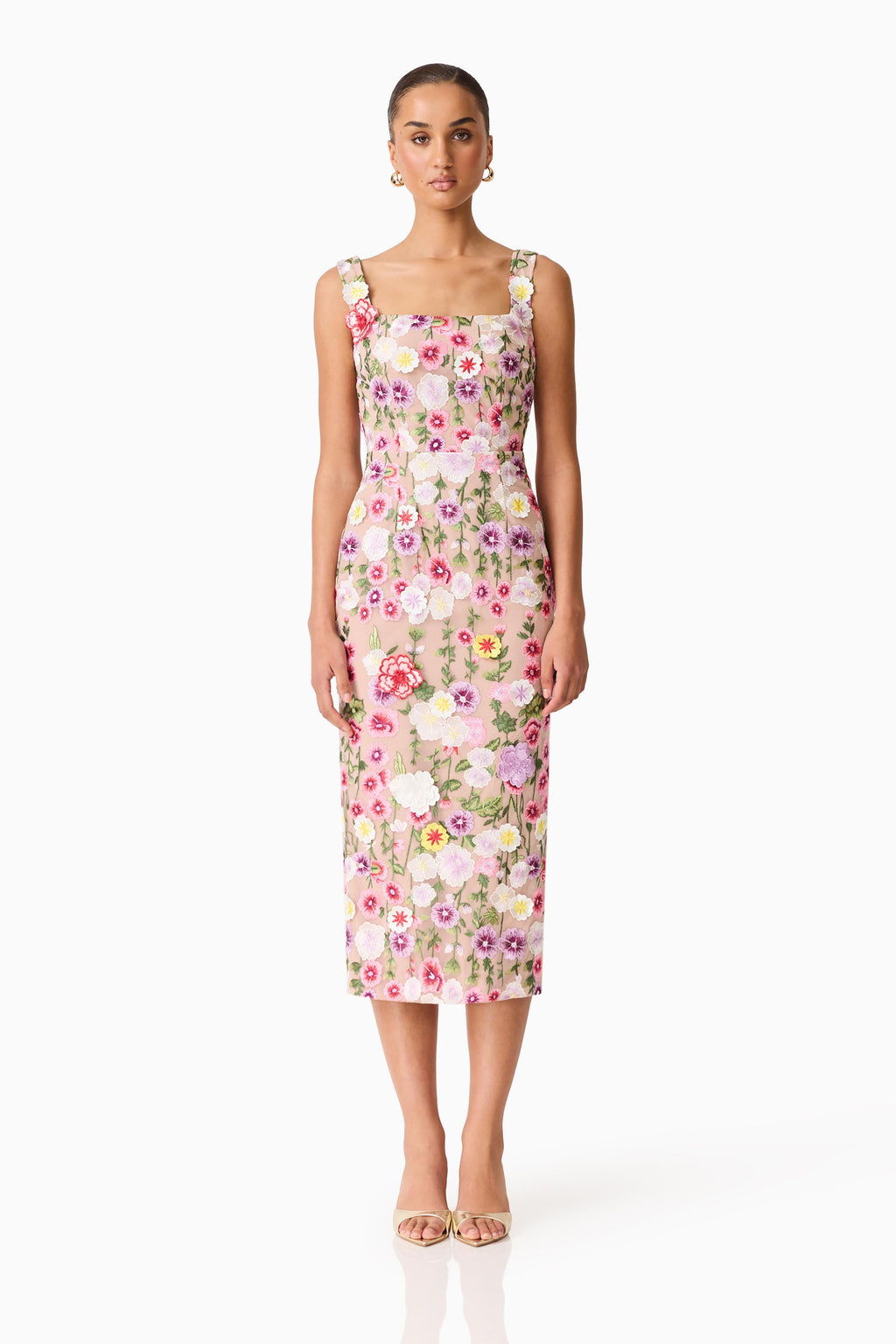 Neve Applique Midi Dress in Pink Floral