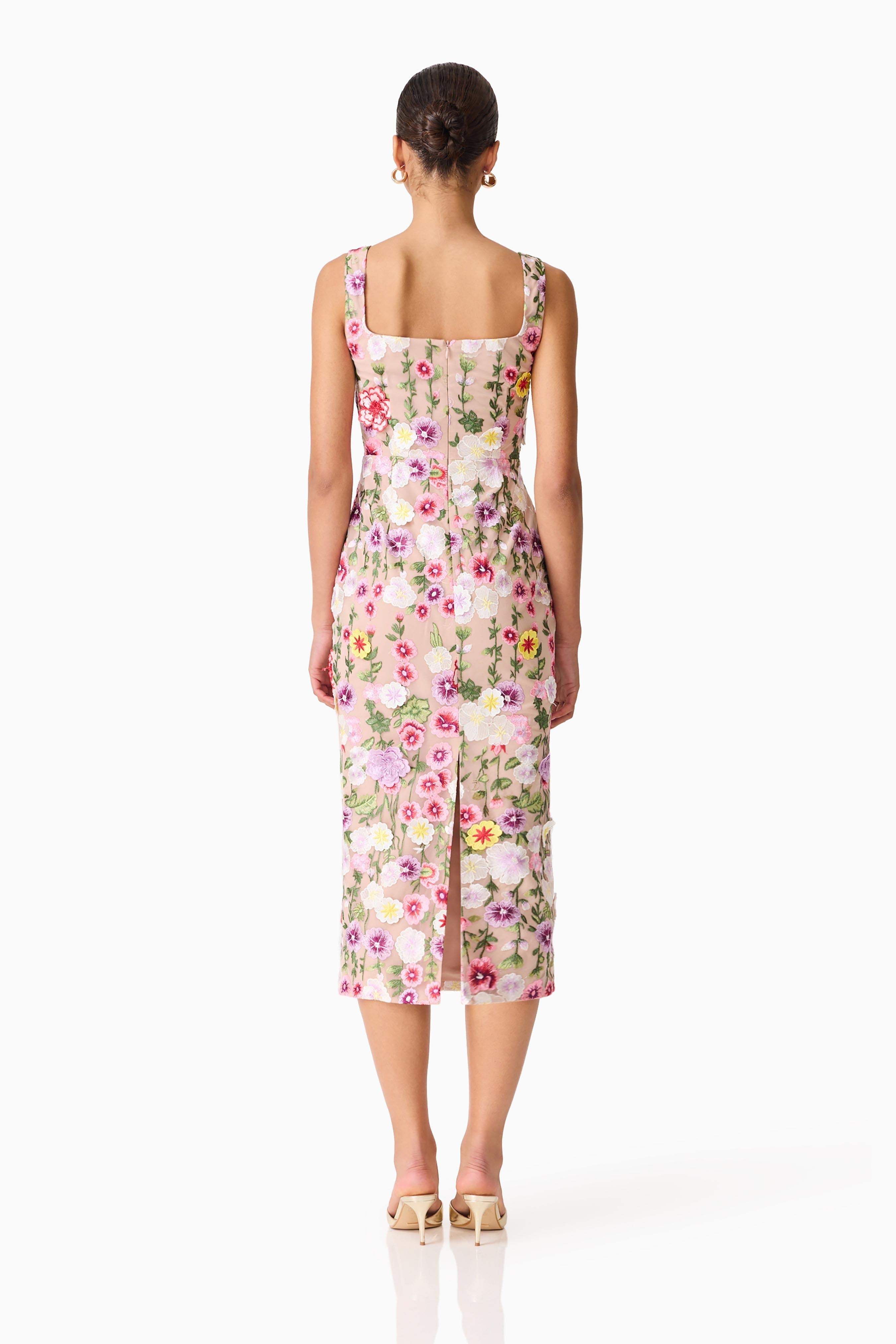 Neve Applique Midi Dress in Pink Floral