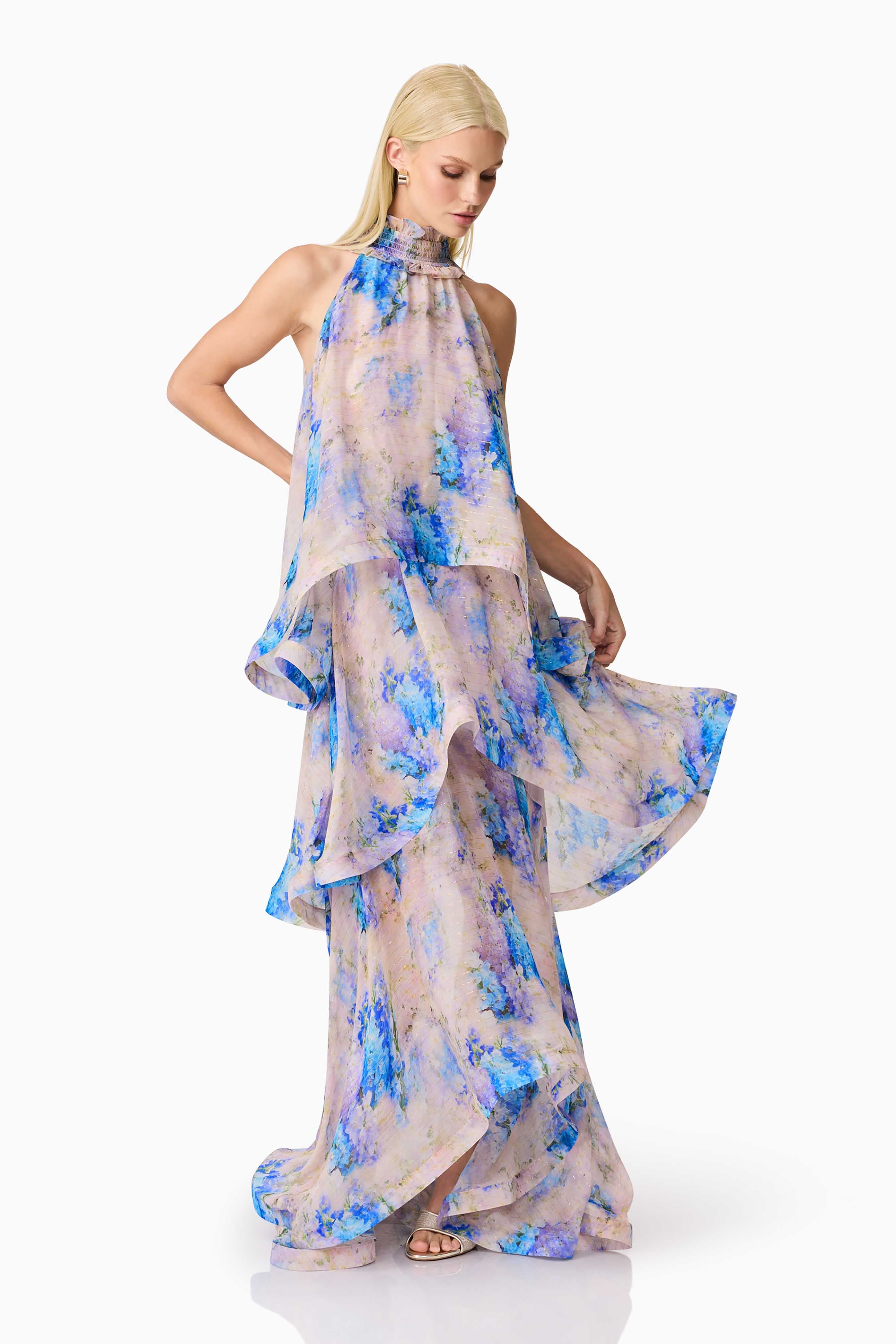 Briony Tiered Gown in Pink & Blue Floral