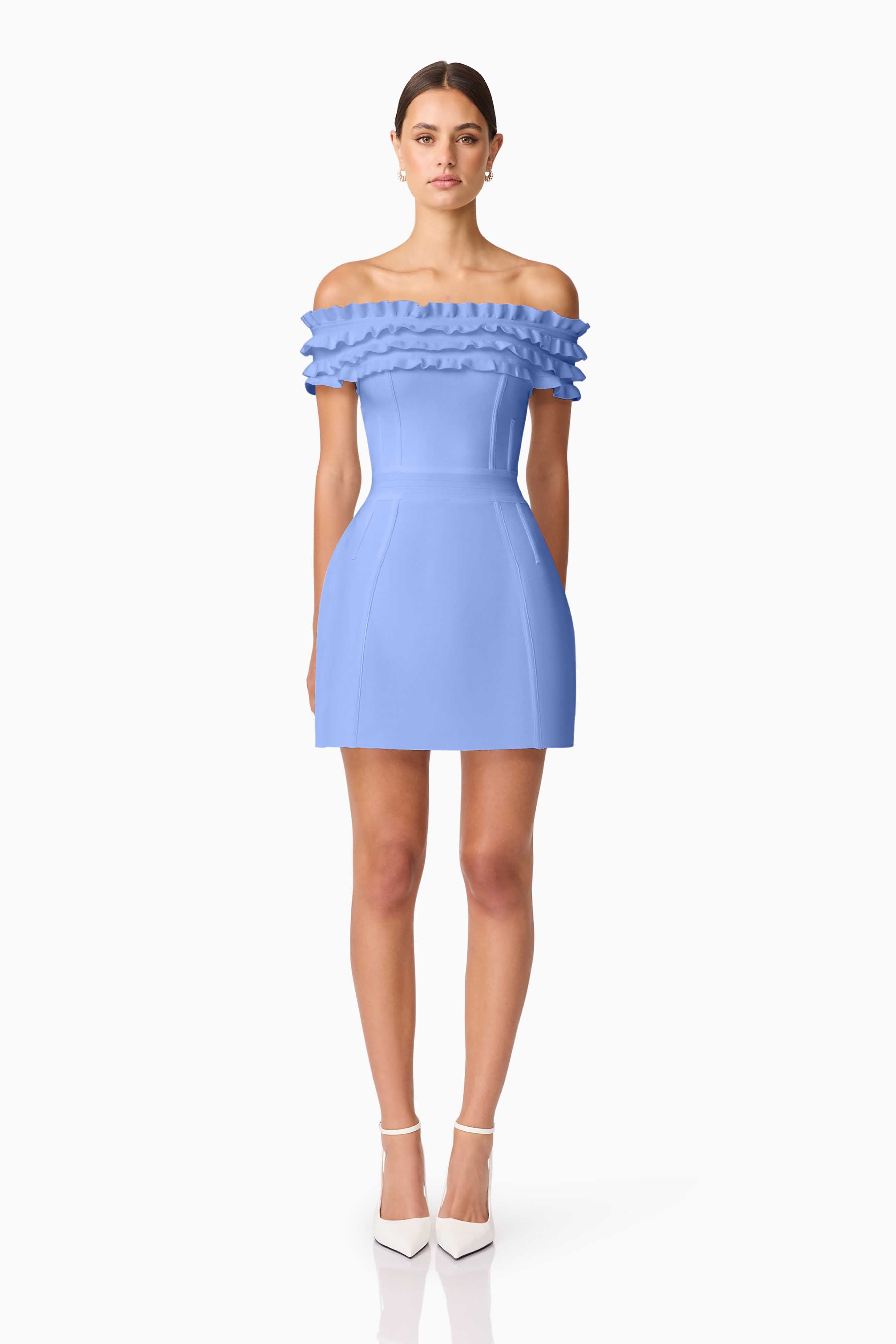 Sonya Off The Shoulder Mini Dress in Blue