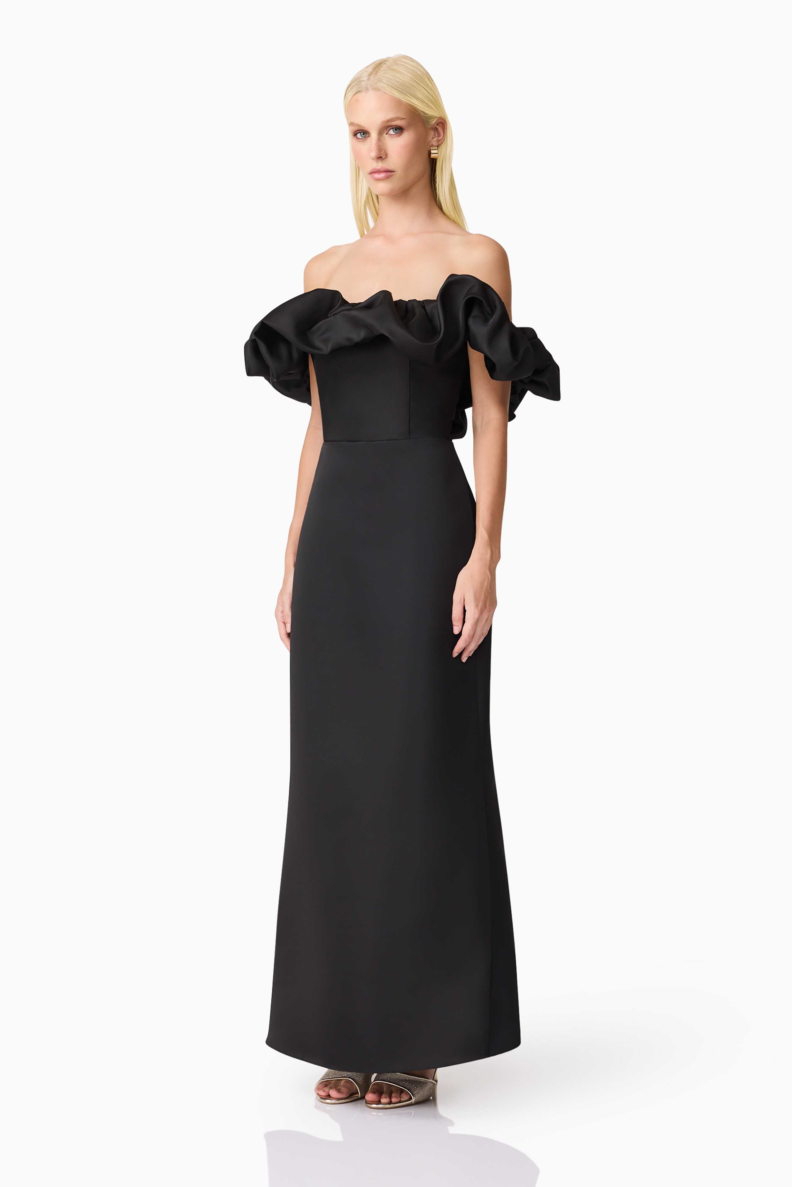 Sharon Off The Shoulder Midi Dress in Black