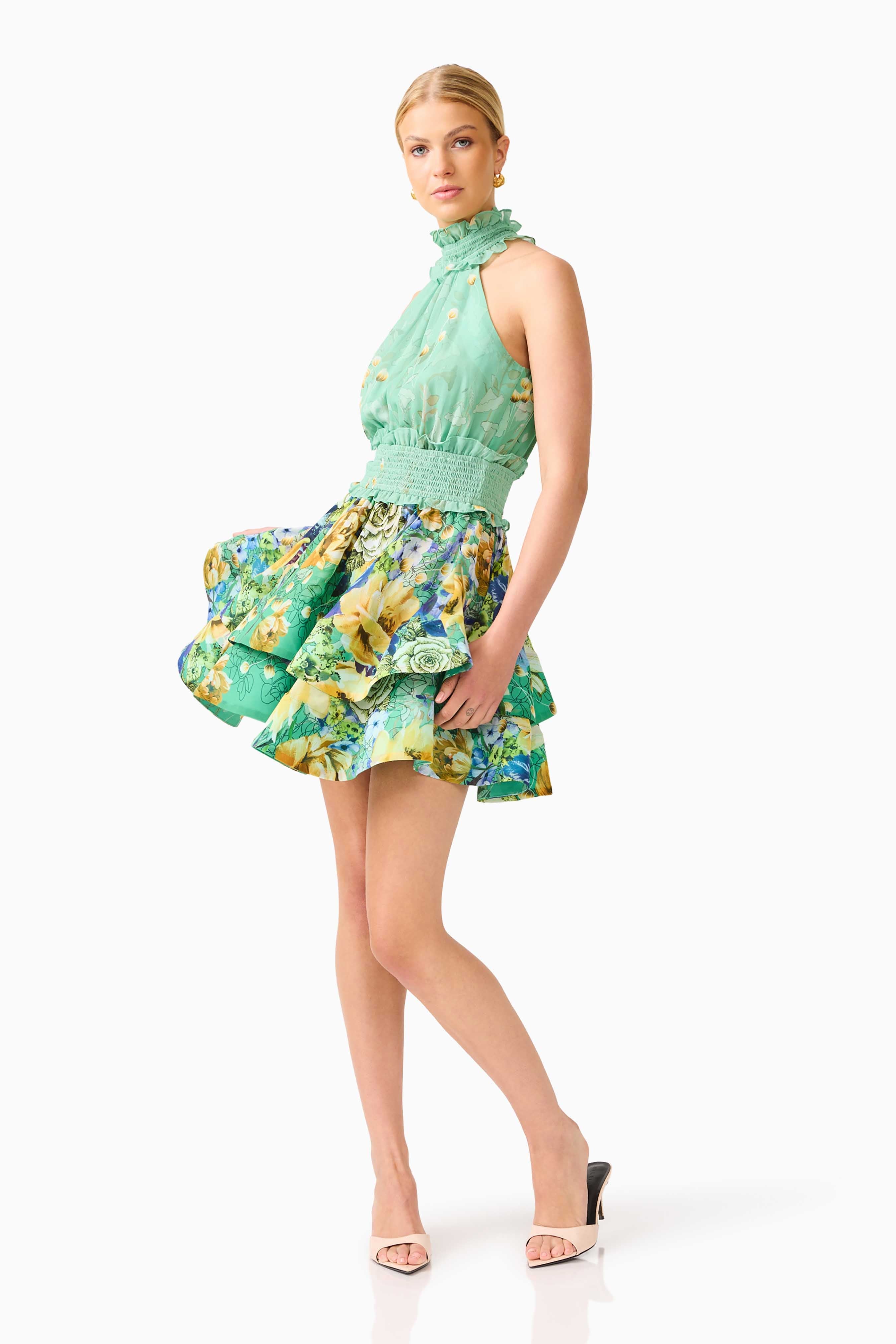 Estelle Halter Mini Dress in Green Floral