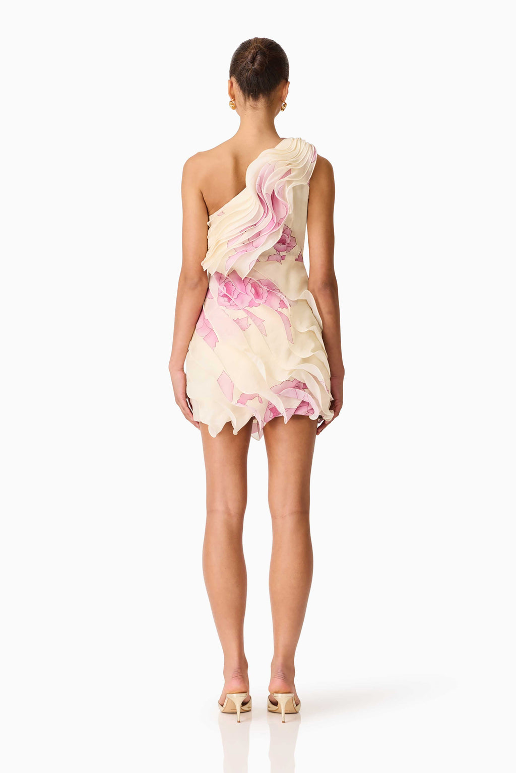 Rova One Shoulder Mini Dress in Cream & Pink Floral