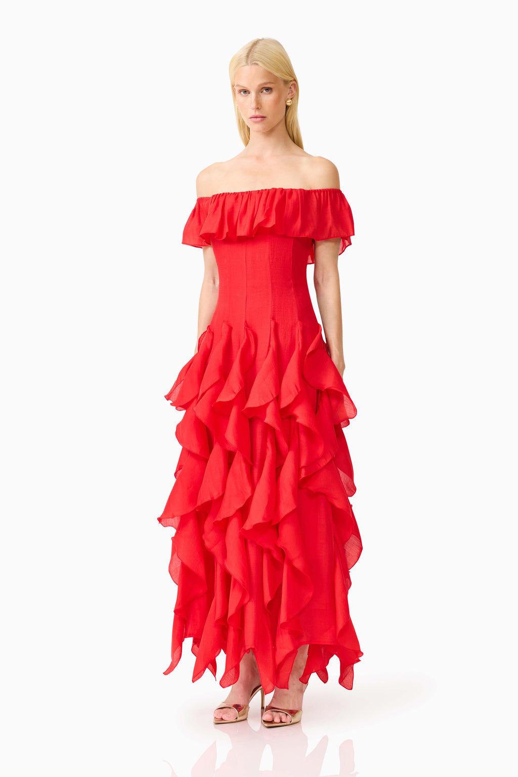 Yvette Off Shoulder Gown in Vermilion Red