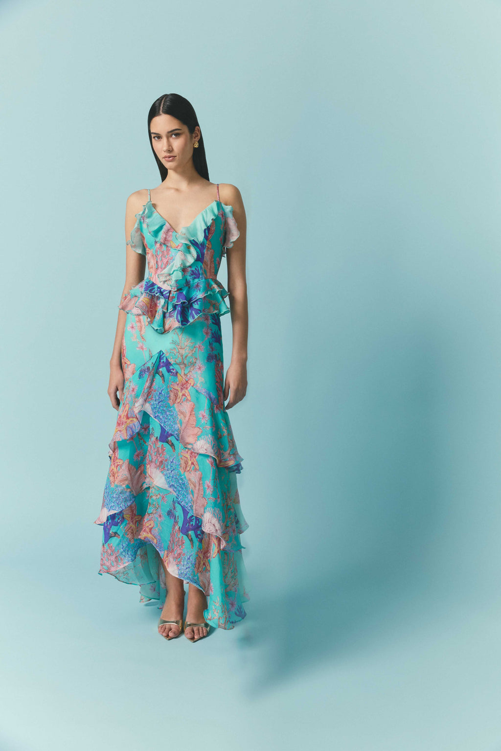 Coral Tiered Gown in Blue Multi