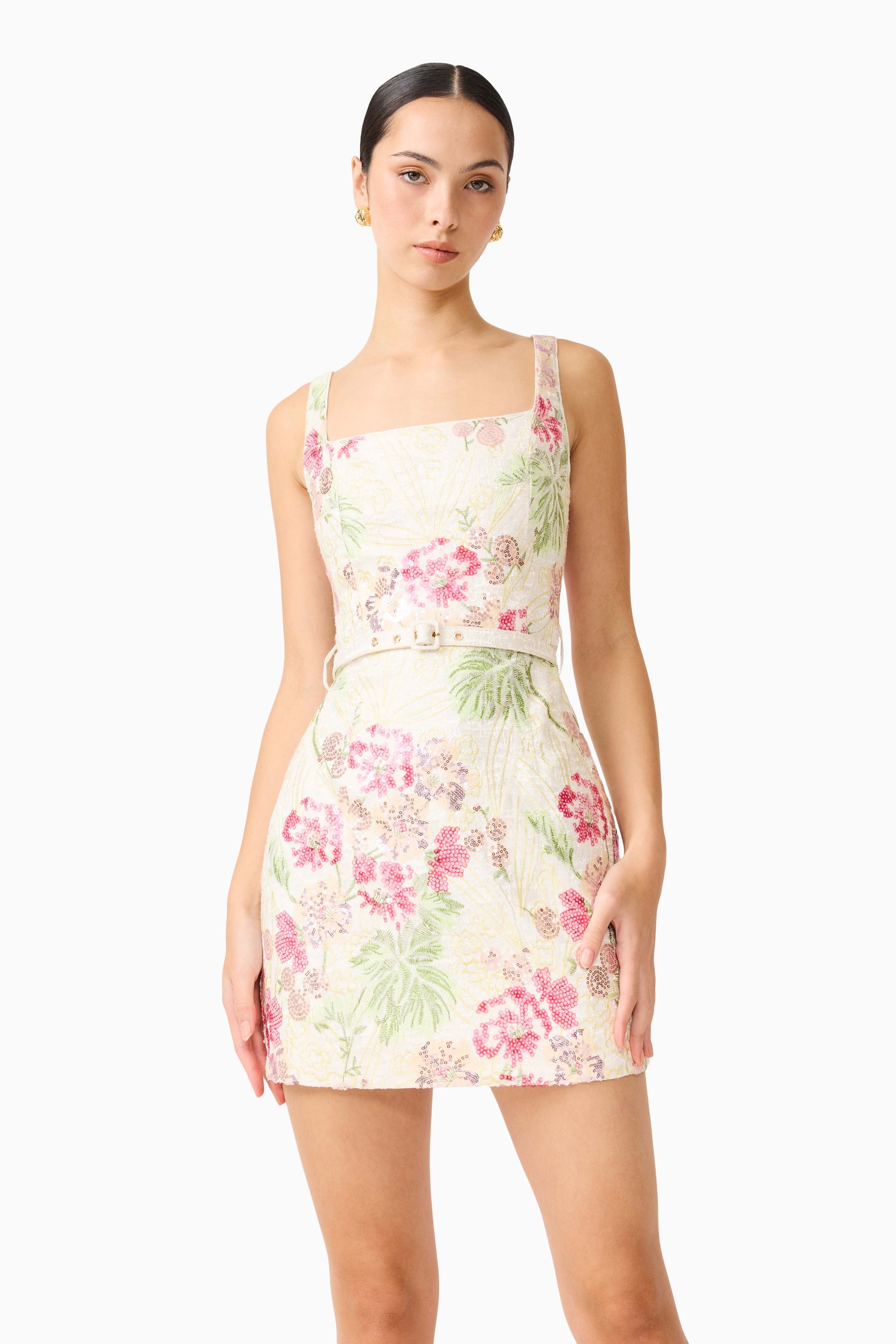Greta Embroidered Mini Dress in Cream & Pink Floral