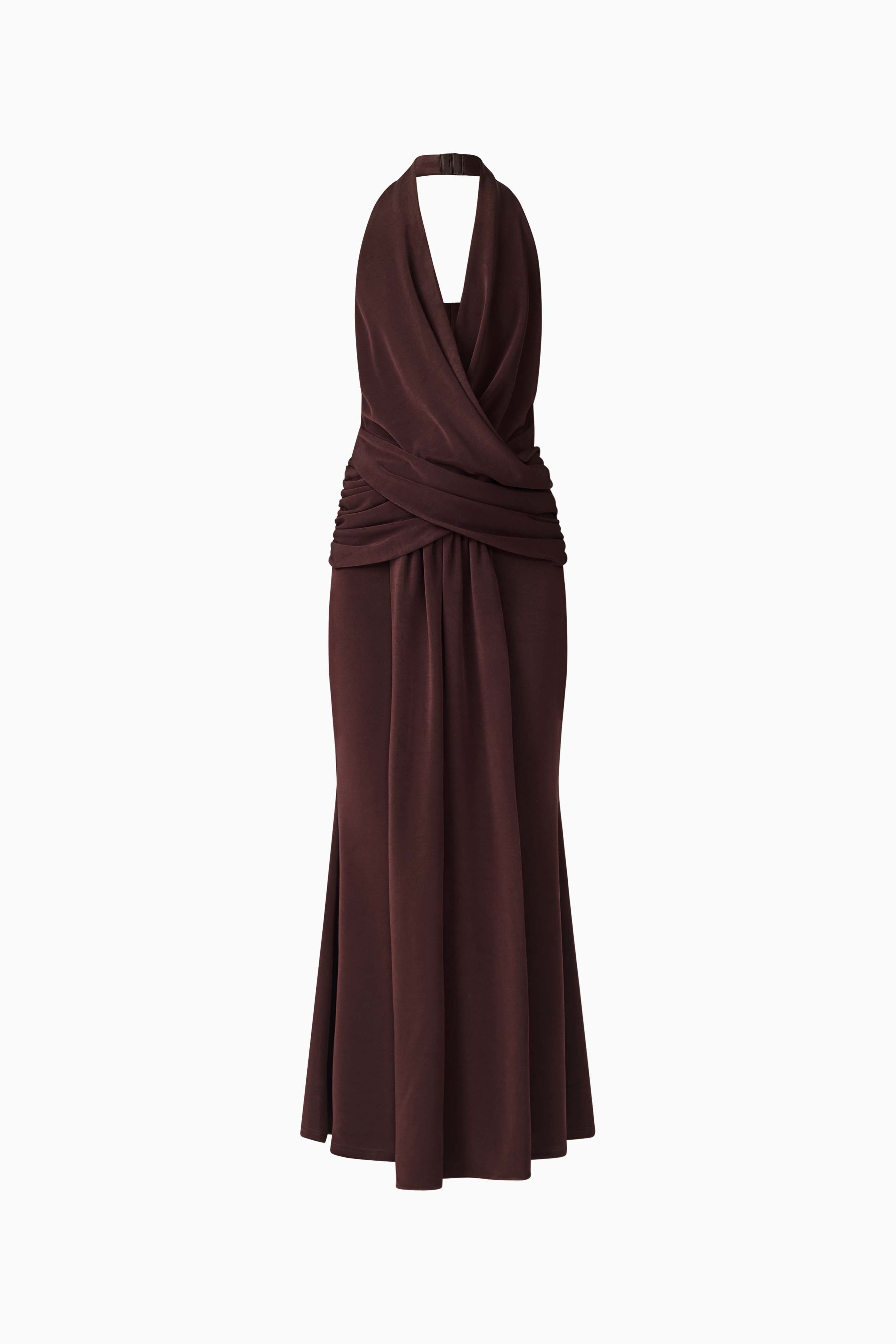 Simone Cowl Neck Gown in Chocolate Brown