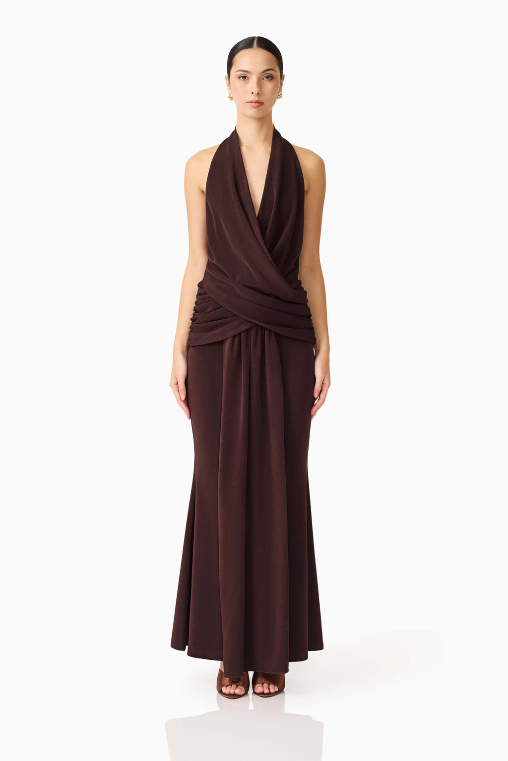 Simone Cowl Neck Gown in Chocolate Brown