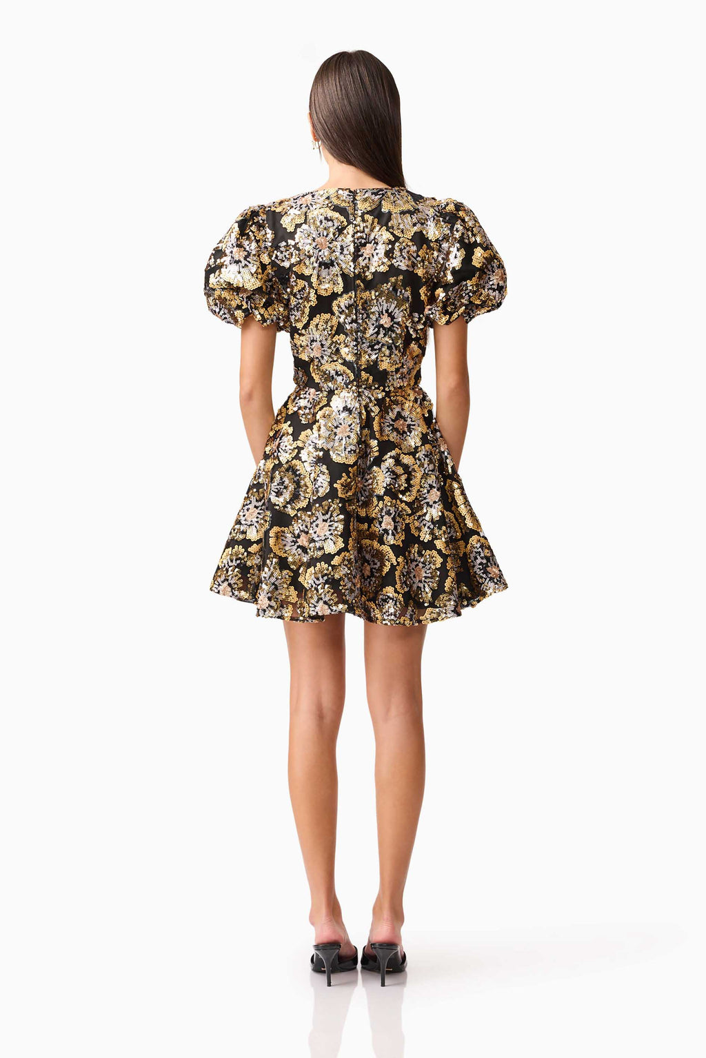 Celeste Puff Sleeve Mini Dress in Black and Gold