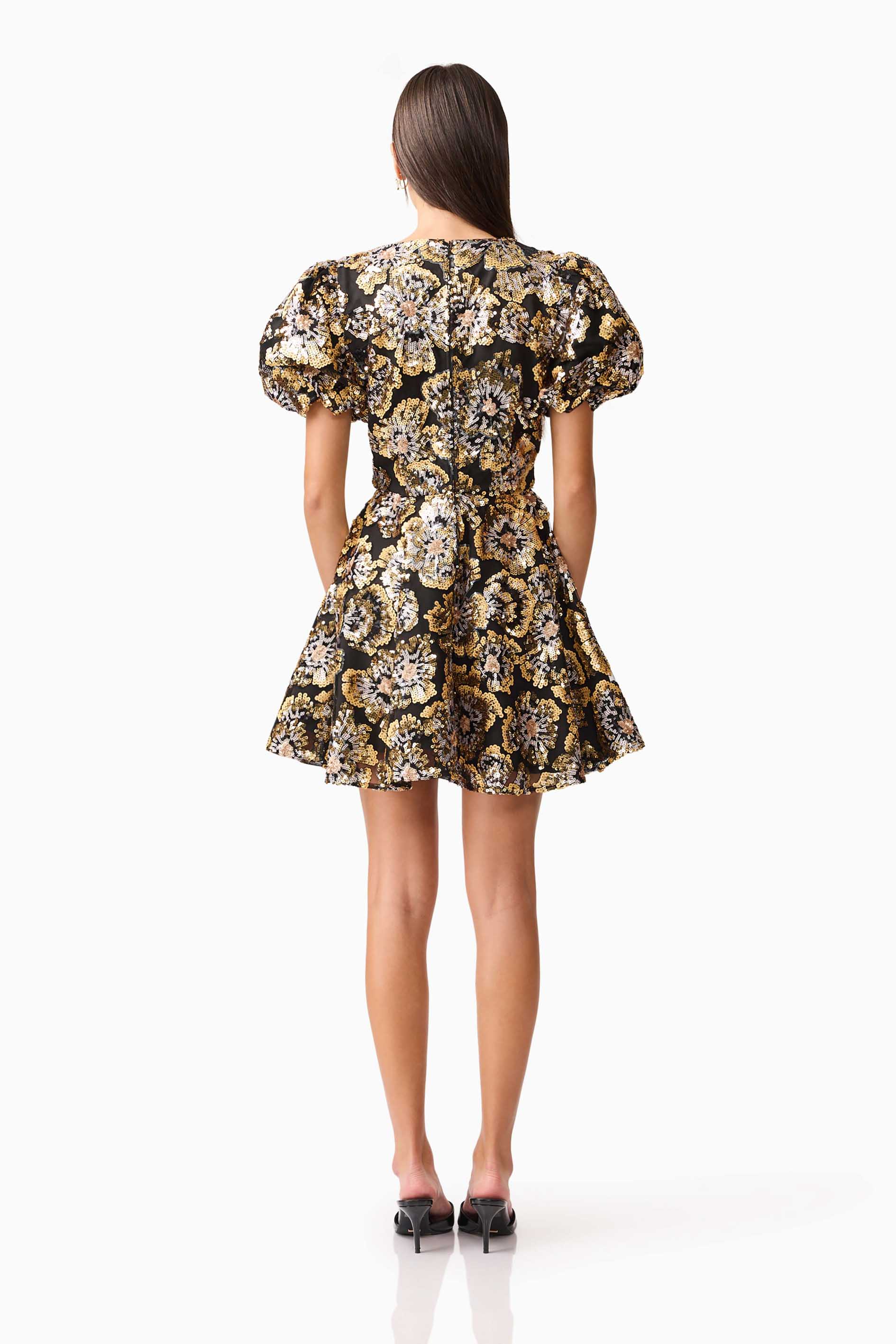 Celeste Puff Sleeve Mini Dress in Black and Gold
