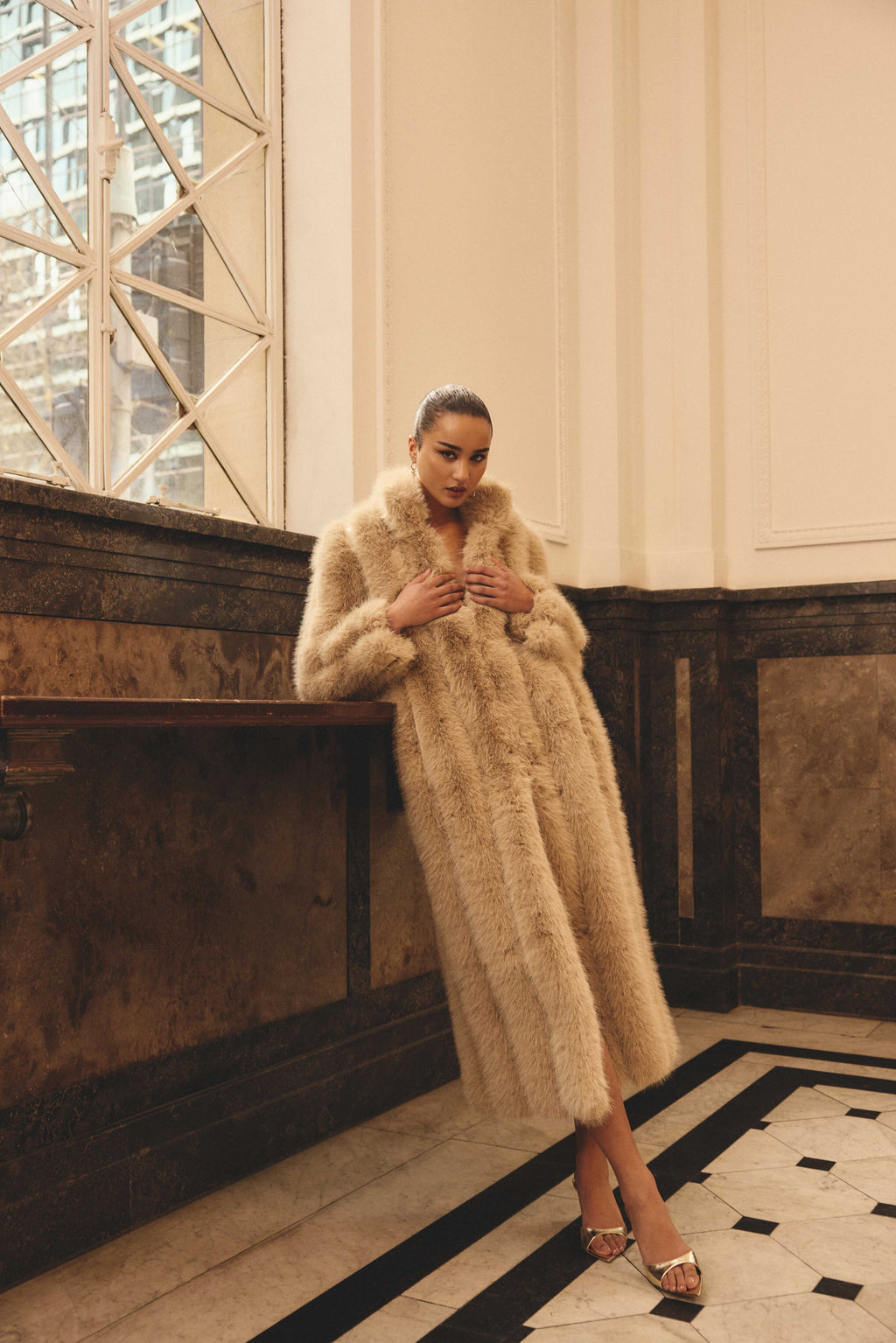 Faux Fur Maxi Coat in Beige