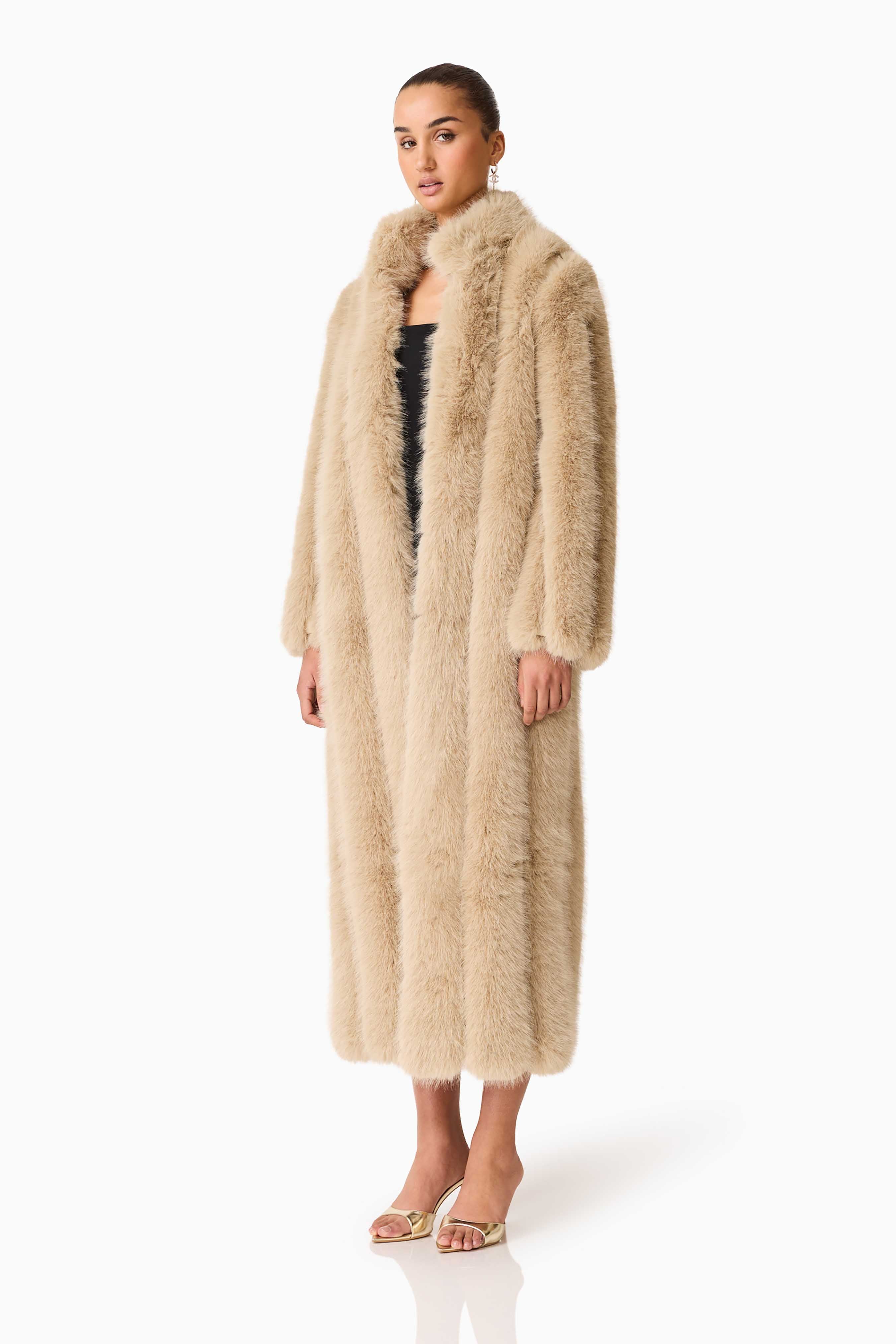 Faux Fur Maxi Coat in Beige