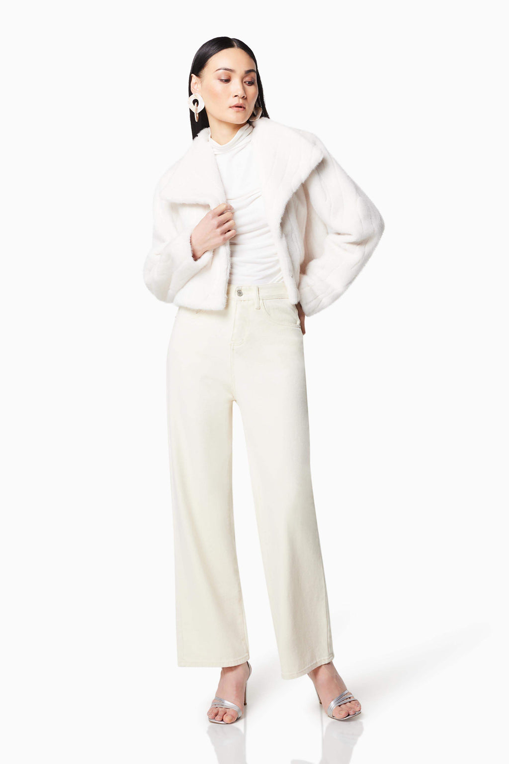Fernie Cropped Faux Fur Jacket in White