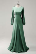 Eucalyptus Satin Round Neck Modest Bridesmaid Dress with Long Sleeves