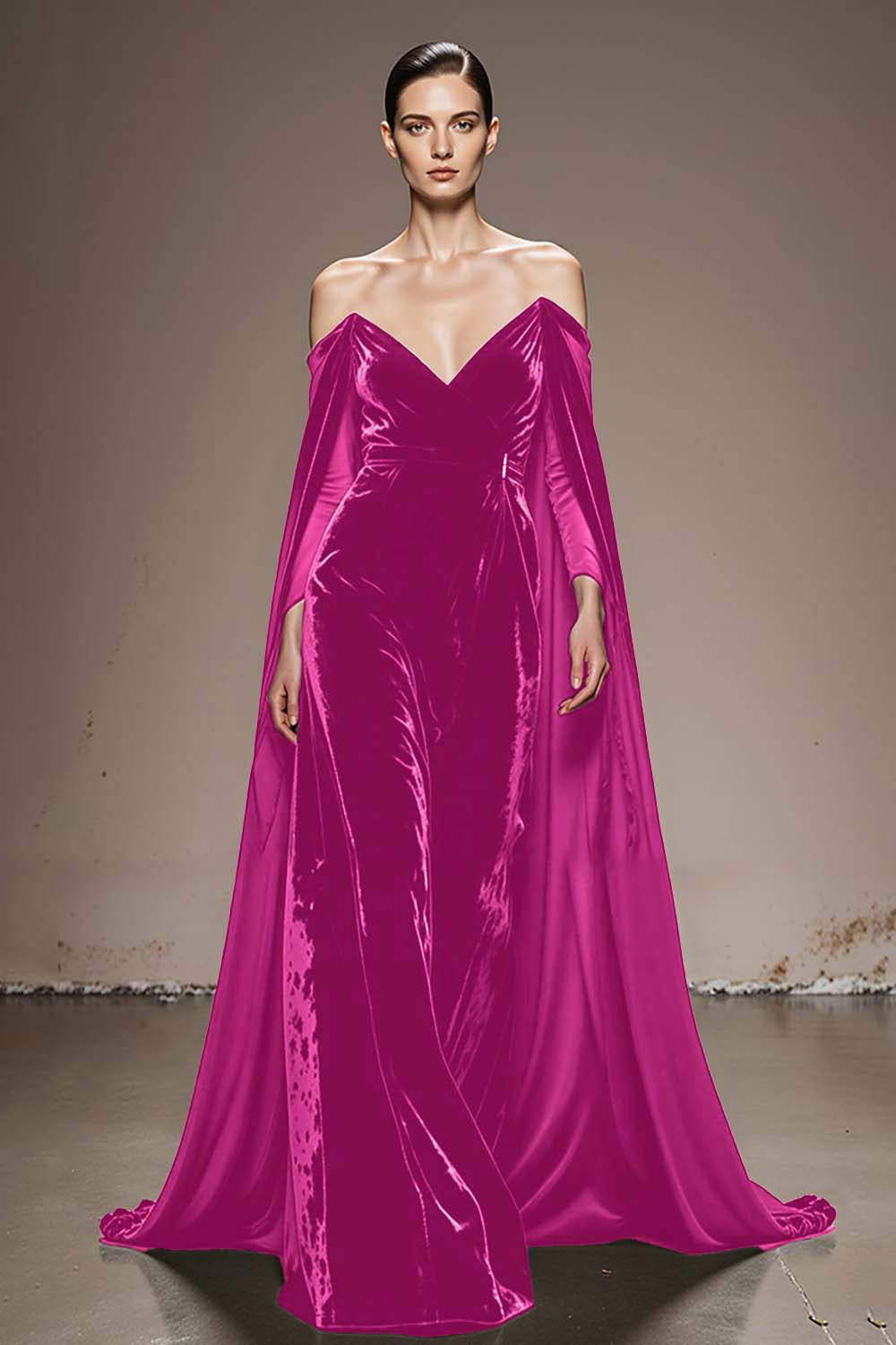 Black Off The Shoulder Velvet Evening Dress with Cloak