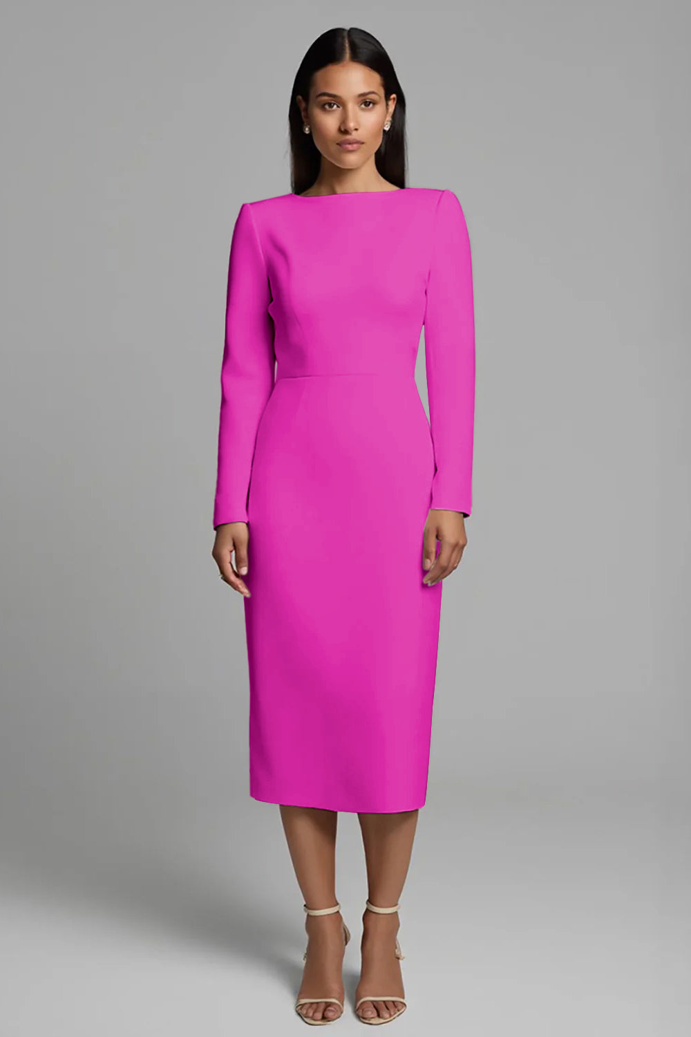 Ivory Sheath Long Sleeve Midi Work Dress with Slit
