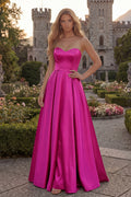 Strapless A Line Satin Fuchsia Maxi Prom Dress