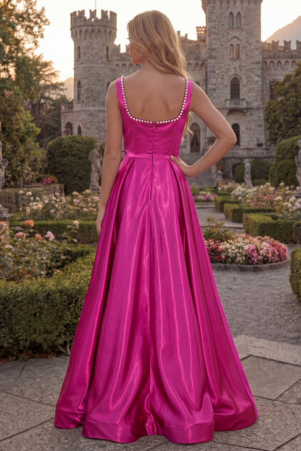 Blush A Line Square Neck Satin Prom Dress with Pearls