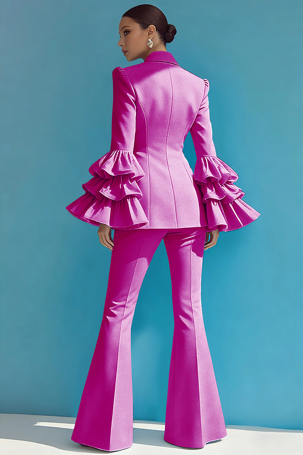Blue 2-Piece Notched Lapel Women Suits With Ruffles