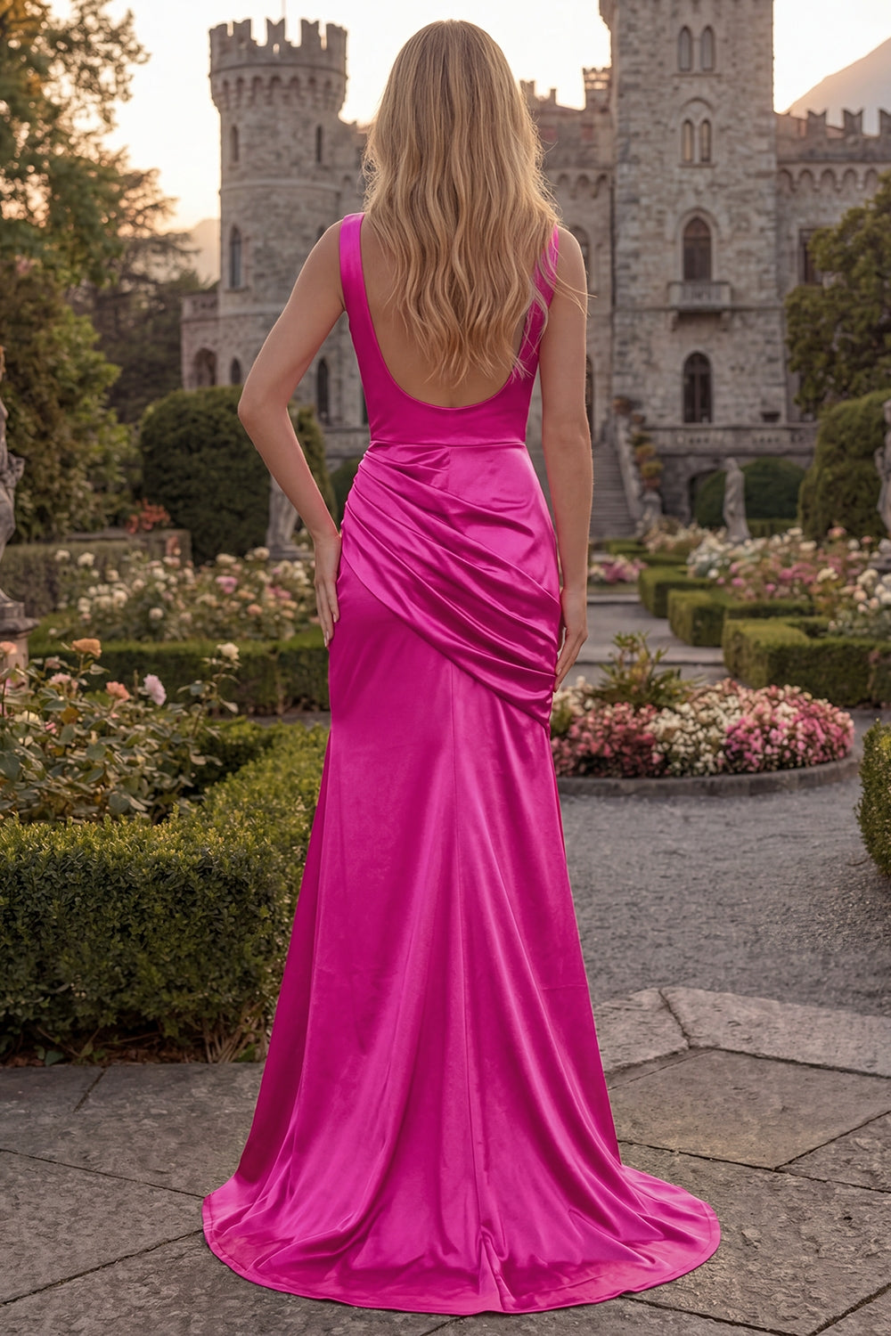 Cowl Neck Mermaid Burgundy Satin Prom Dress with Slit