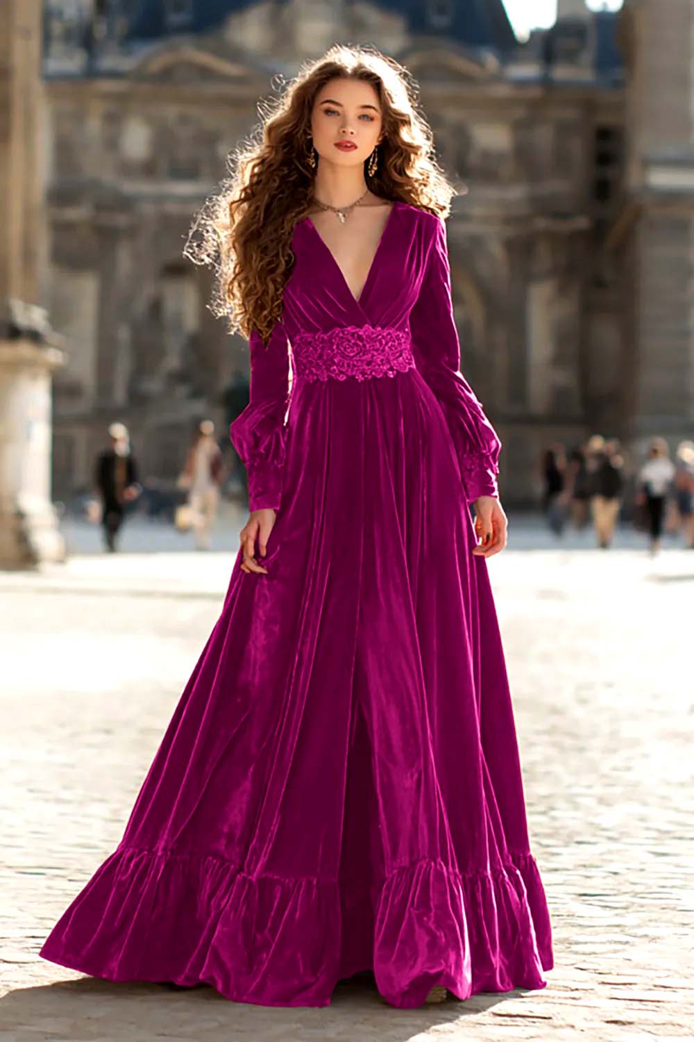 Velvet A-Line Brown V-Neck Maxi Formal Dress With Slit