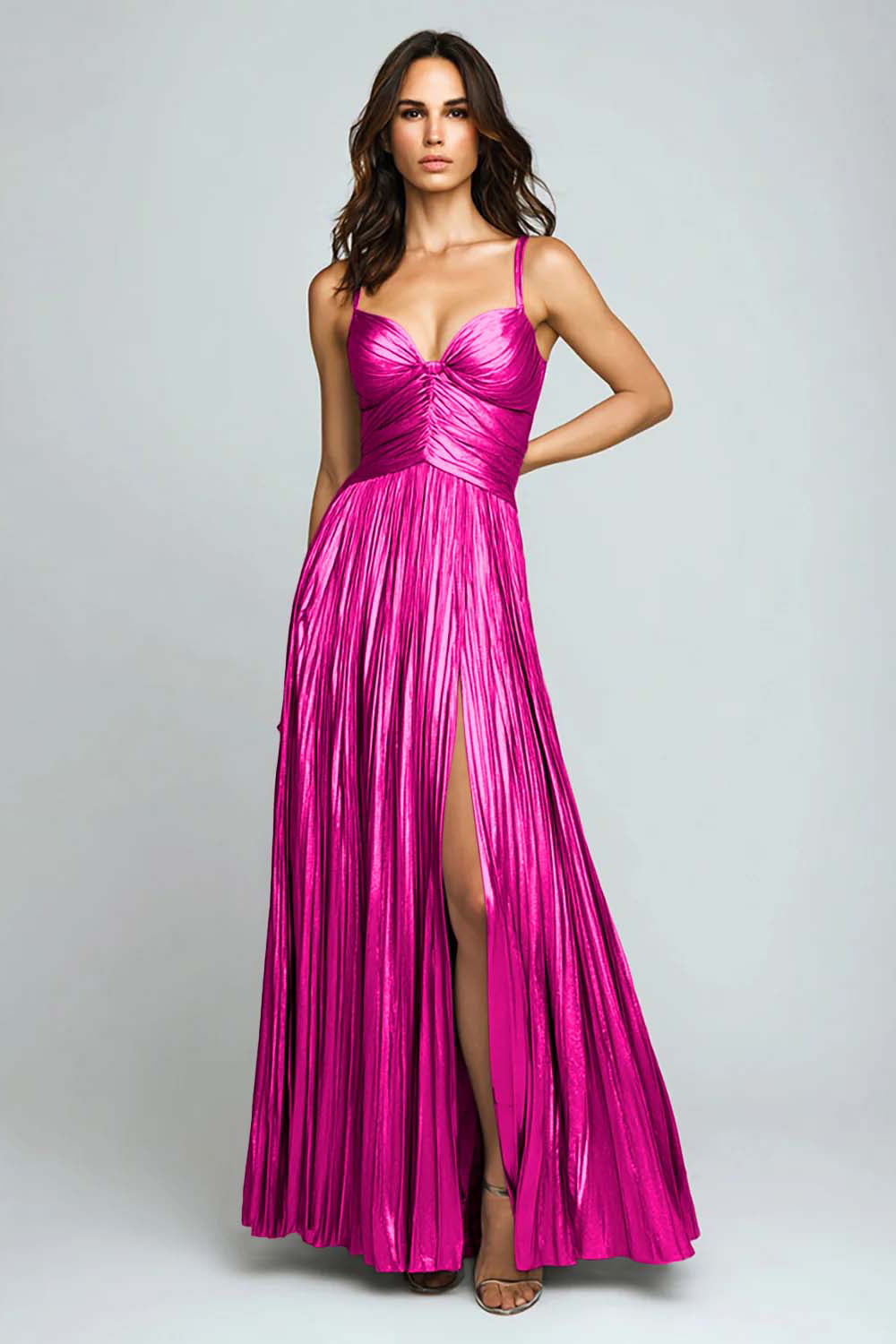 A-Line Silver Pleated Long Formal Dress With Slit