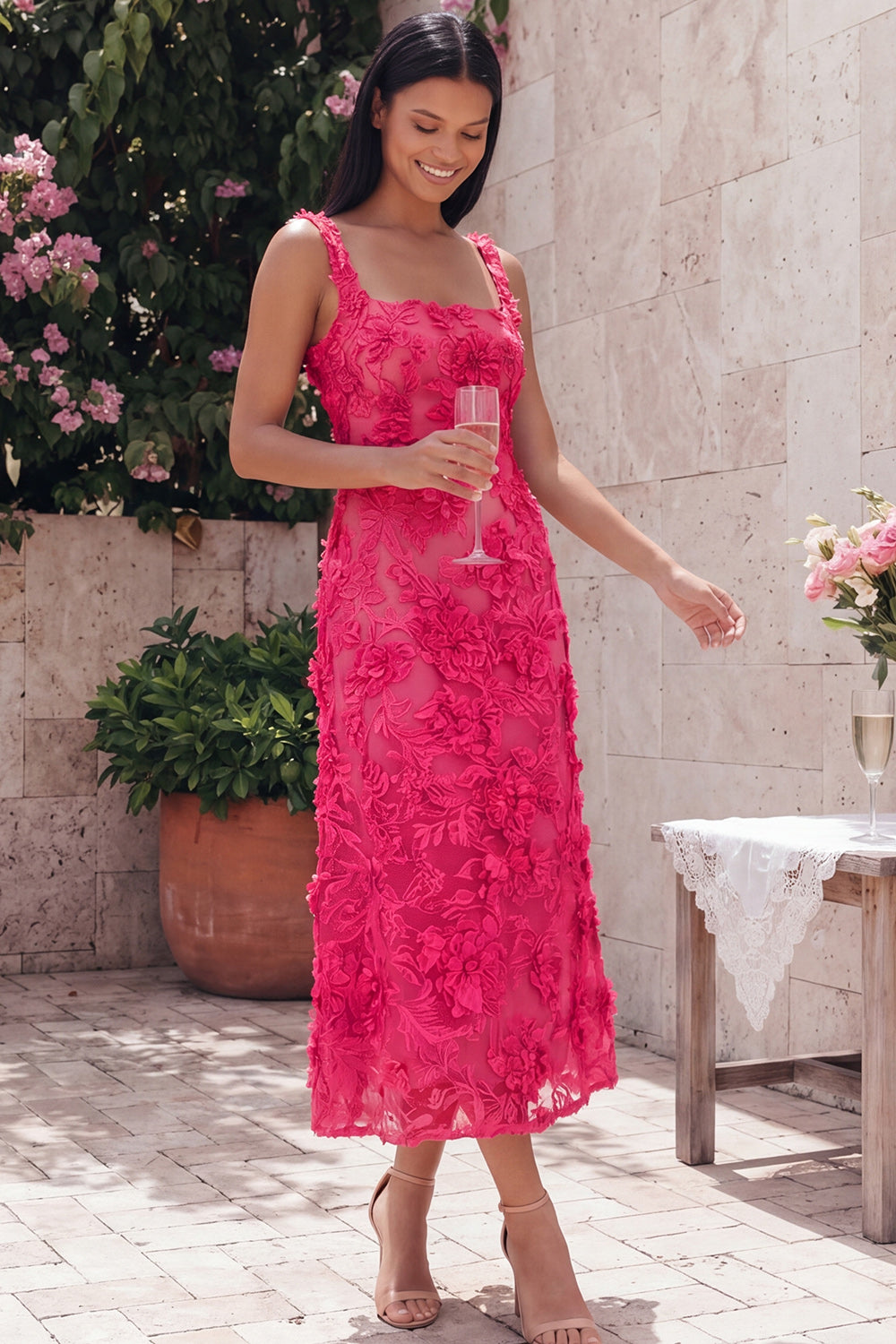 Blue Floral A Line Midi Wedding Guest Dress
