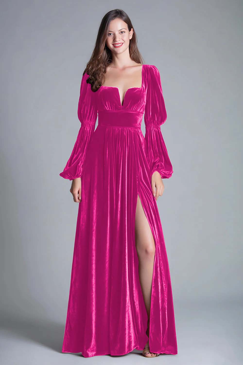 Burgundy A-Line Long Sleeve Velvet Holiday Party Dress With Slit