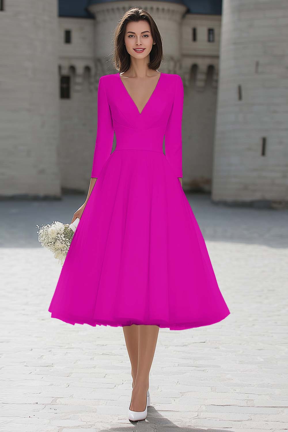 Ivory V-Neck A-Line Satin Engagement Dress With 3/4 Sleeves