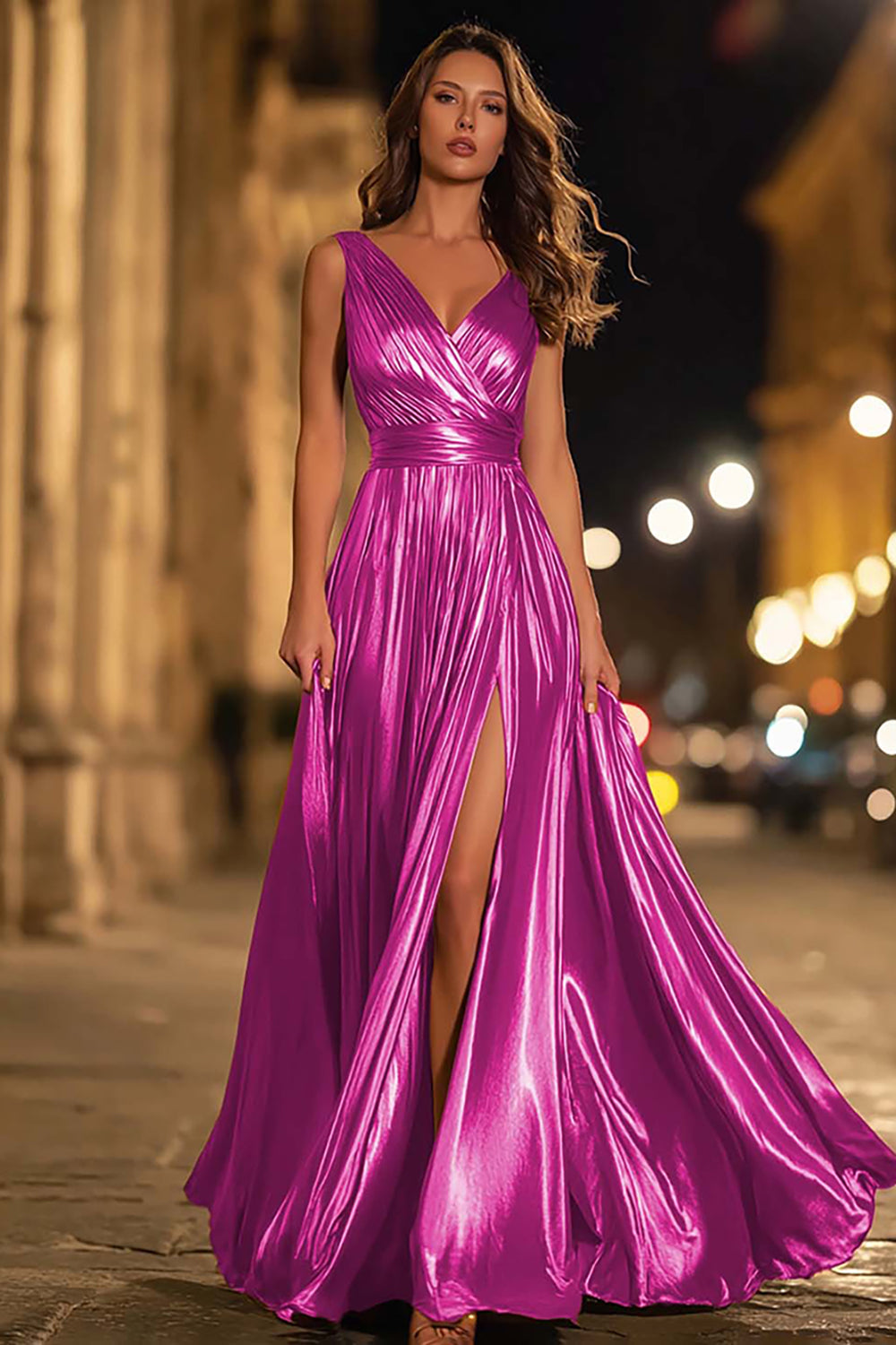 Gold A-Line V-Neck Pleated Formal Dress With Slit