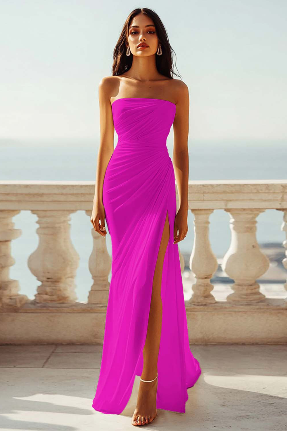 Strapless Ivory Sheath Engagement Dress with Slit